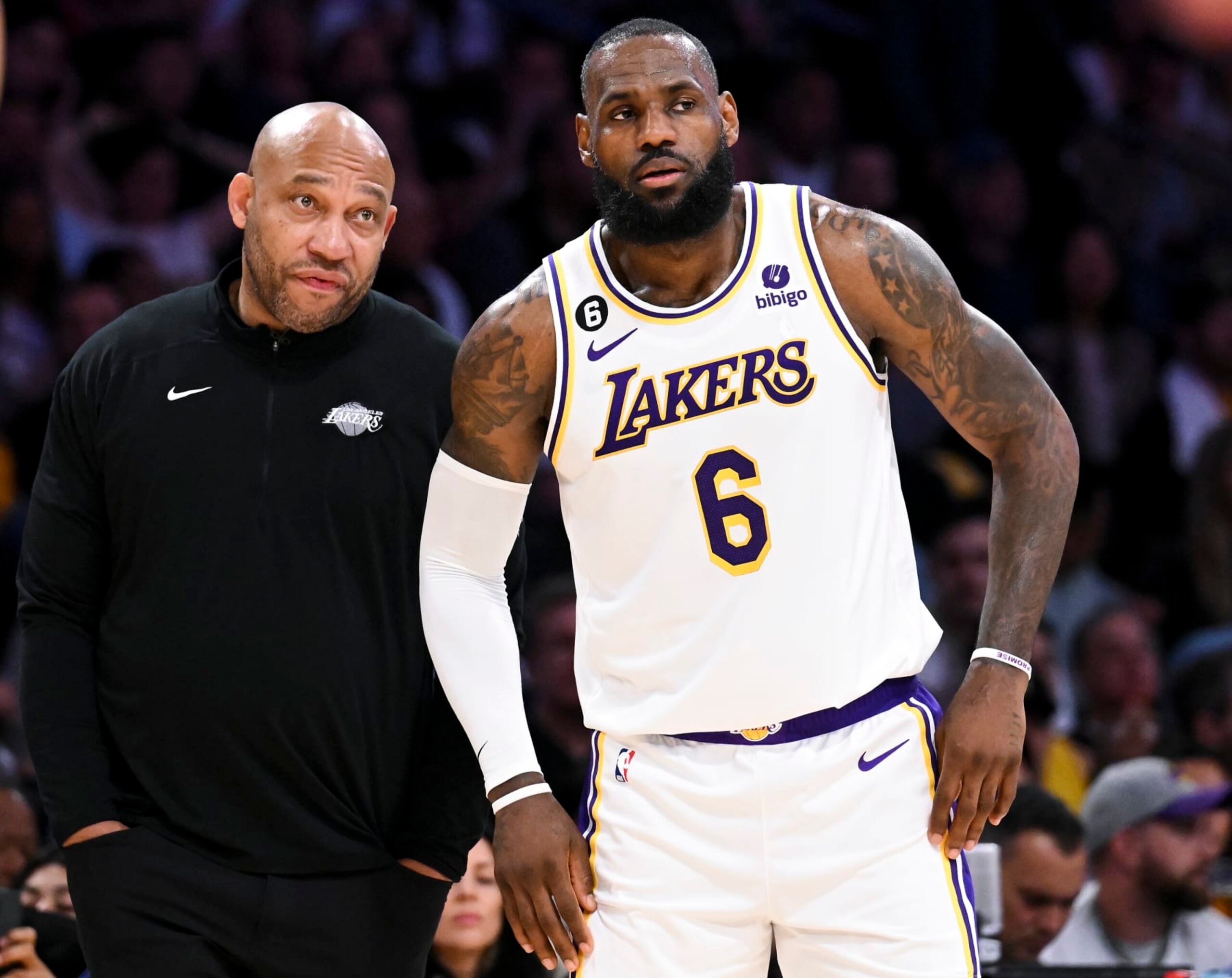LOS ANGELES, CA - MAY 20: Los Angeles Lakers forward LeBron James, right, talks with head coach Darvin Ham during the second quarter of game three in the NBA Playoffs Western Conference Finals against the Denver Nuggets at Crypto.com Arena on Saturday, May 20, 2023 in Los Angeles, CA. (Wally Skalij / Los Angeles Times via Getty Images)
