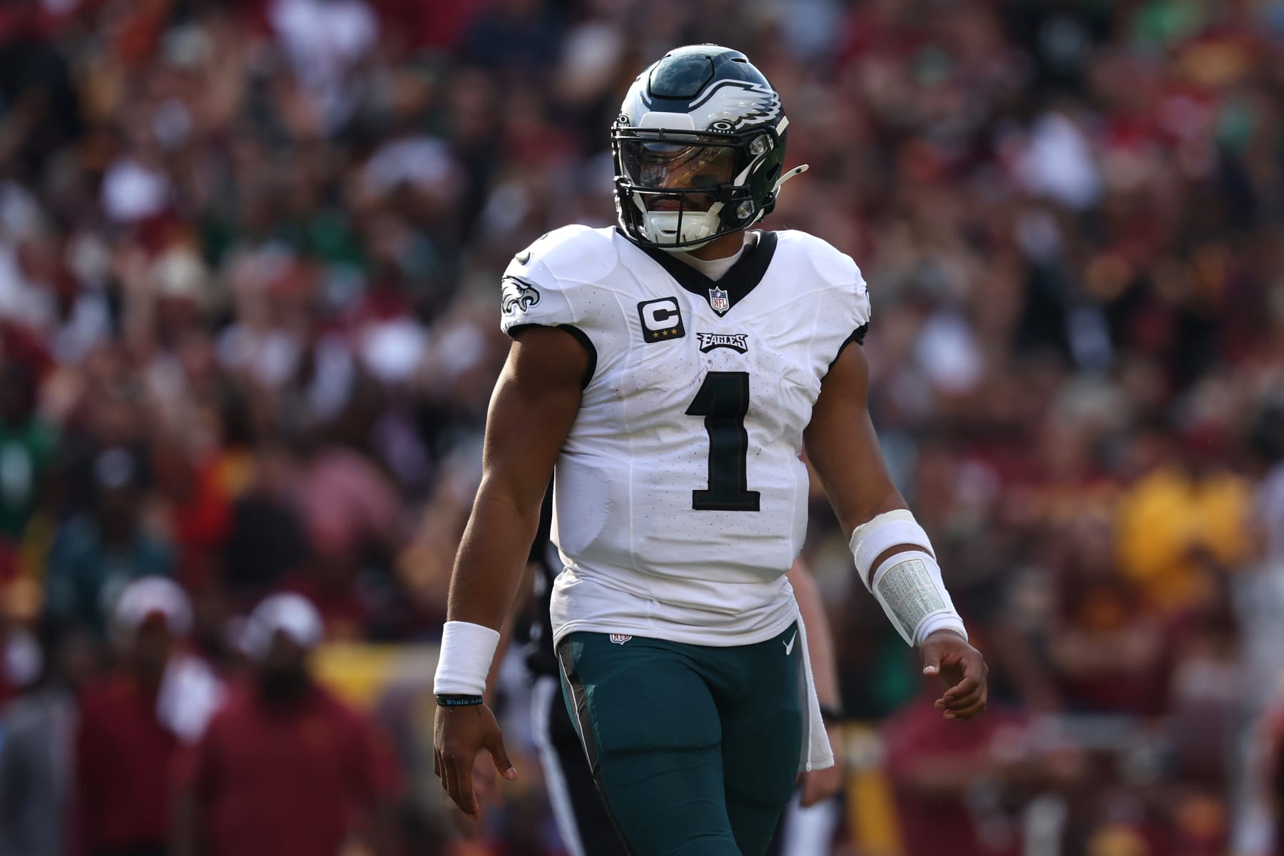 LANDOVER, MARYLAND - OCTOBER 29: Quarterback Jalen Hurts #1 of the Philadelphia Eagles looks on against the Washington Commanders at FedExField on October 29, 2023 in Landover, Maryland. (Photo by Patrick Smith/Getty Images)