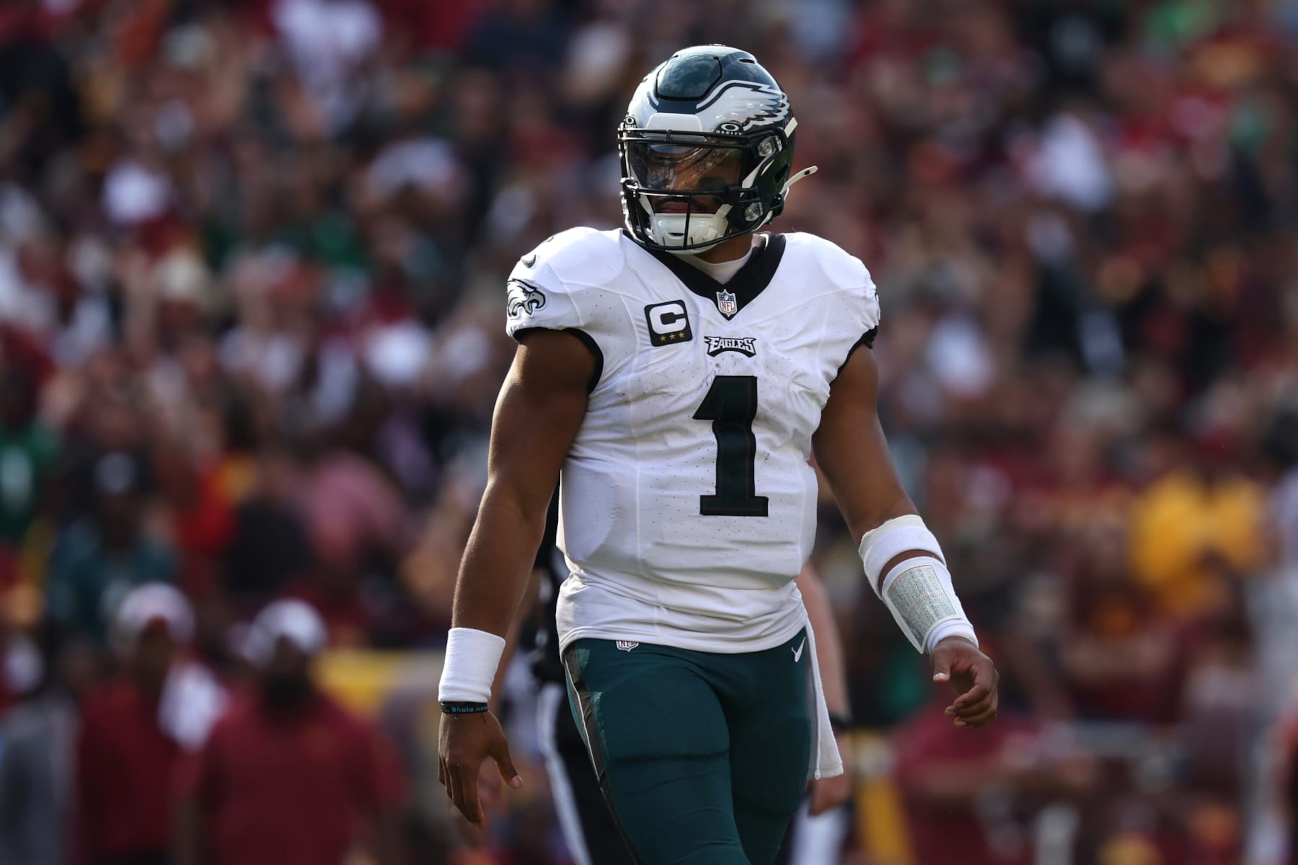 LANDOVER, MARYLAND - OCTOBER 29: Quarterback Jalen Hurts #1 of the Philadelphia Eagles looks on against the Washington Commanders at FedExField on October 29, 2023 in Landover, Maryland. (Photo by Patrick Smith/Getty Images)