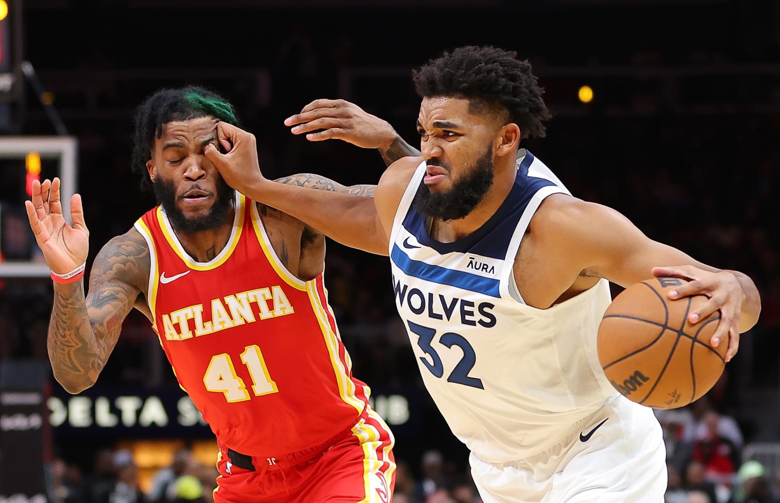 ATLANTA, GEORGIA - OCTOBER 30: Karl-Anthony Towns #32 of the Minnesota Timberwolves draws a foul as he drives against Saddiq Bey #41 of the Atlanta Hawksduring the second quarter at State Farm Arena on October 30, 2023 in Atlanta, Georgia. NOTE TO USER: User expressly acknowledges and agrees that, by downloading and/or using this photograph, user is consenting to the terms and conditions of the Getty Images License Agreement. (Photo by Kevin C. Cox/Getty Images) ATLANTA, GEORGIA - OCTOBER 30: Karl-Anthony Towns #32 of the Minnesota Timberwolves draws a foul as he drives against Saddiq Bey #41 of the Atlanta Hawksduring the second quarter at State Farm Arena on October 30, 2023 in Atlanta, Georgia. NOTE TO USER: User expressly acknowledges and agrees that, by downloading and/or using this photograph, user is consenting to the terms and conditions of the Getty Images License Agreement. (Photo by Kevin C. Cox/Getty Images)