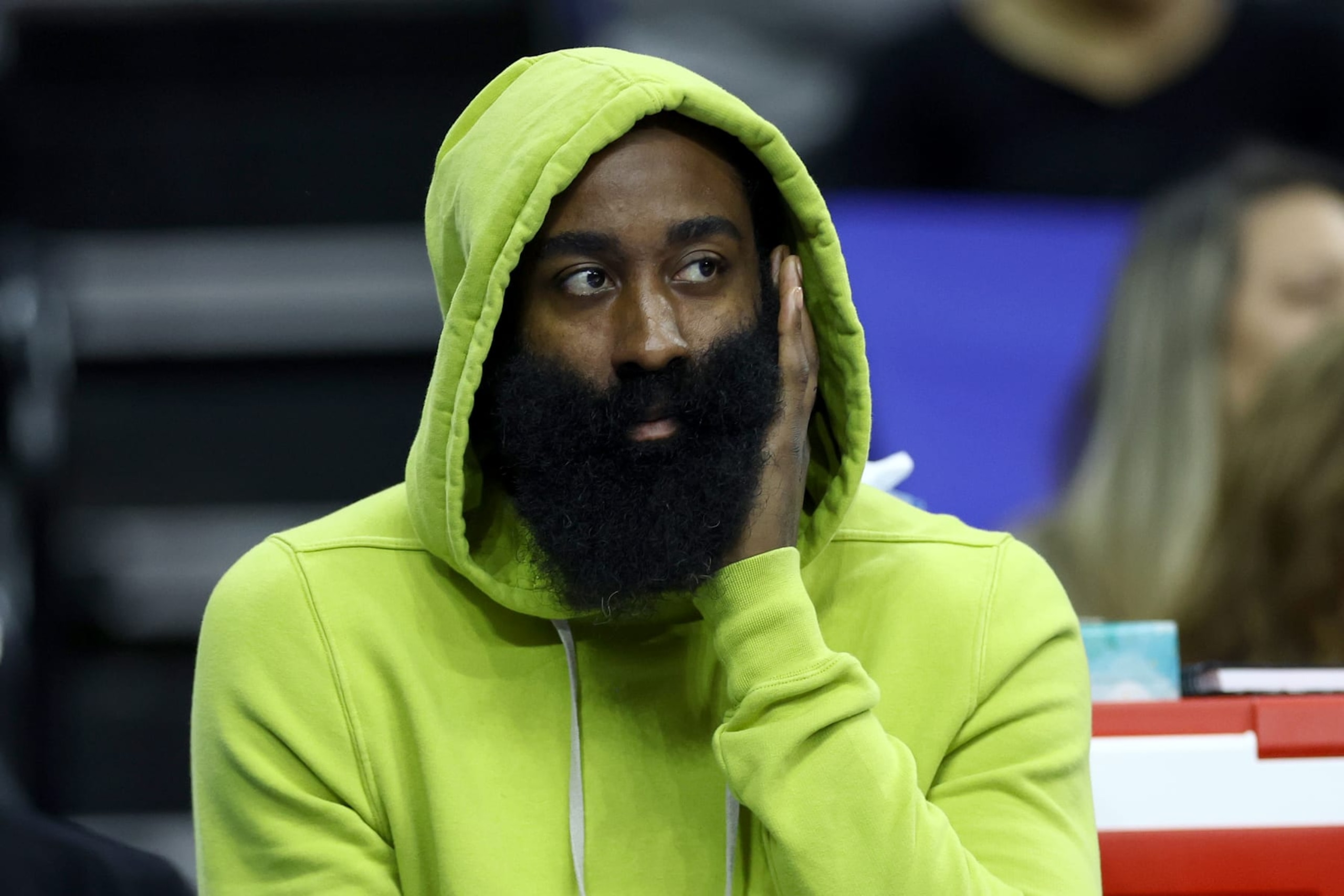 PHILADELPHIA, PENNSYLVANIA - OCTOBER 29: James Harden #1 of the Philadelphia 76ers looks on during the first quarter against the Portland Trail Blazers at Wells Fargo Center on October 29, 2023 in Philadelphia, Pennsylvania. NOTE TO USER: User expressly acknowledges and agrees that, by downloading and or using this photograph, User is consenting to the terms and conditions of the Getty Images License Agreement. (Photo by Tim Nwachukwu/Getty Images)