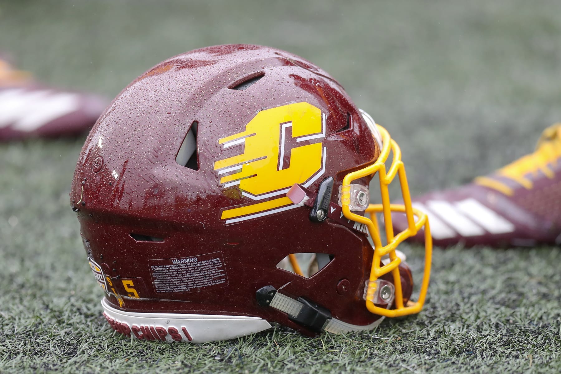 AKRON, OH - OCTOBER 27: A Central Michigan Chippewas helmet on the sideline during the fourth quarter of the college football game between the Central Michigan Chippewas and Akron Zips on October 27, 2018, at Summa Field at InfoCision Stadium in Akron, OH. Akron defeated Central Michigan 17-10. (Photo by Frank Jansky/Icon Sportswire via Getty Images)