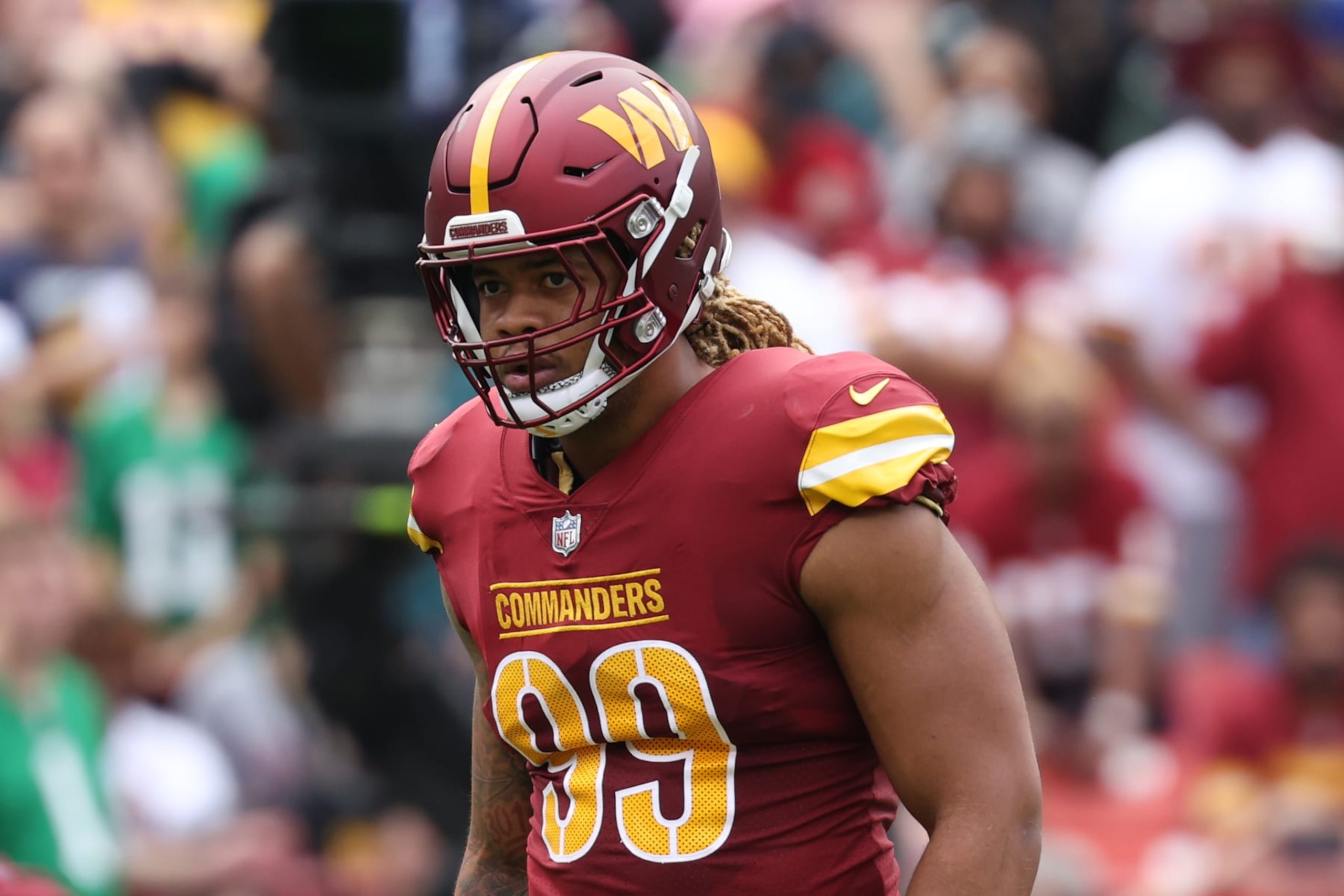 LANDOVER, MARYLAND - OCTOBER 29: Defensive end Chase Young #99 of the Washington Commanders in action against the Philadelphia Eagles at FedExField on October 29, 2023 in Landover, Maryland. (Photo by Patrick Smith/Getty Images)