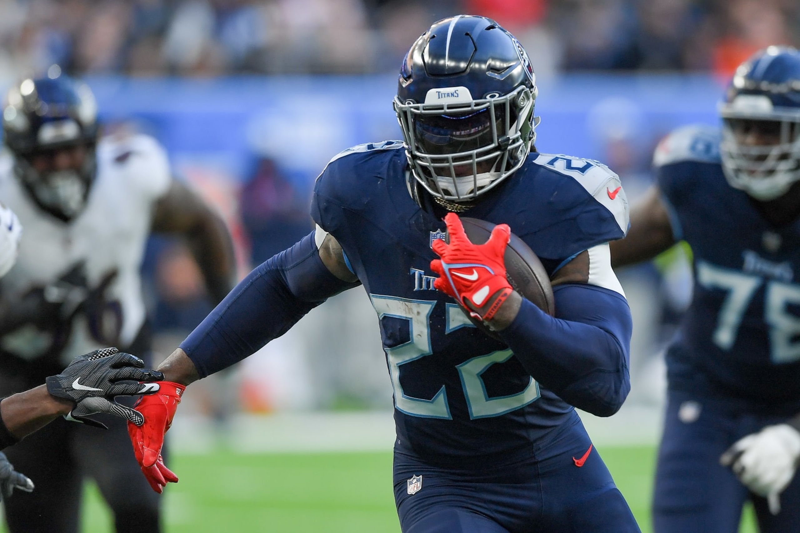 LONDON, ENGLAND - OCTOBER 15: Derrick Henry of Tennessee Titans looks on during the NFL match between Baltimore Ravens and Tennessee Titans at Tottenham Hotspur Stadium on October 15, 2023 in London, England. (Photo by Vincent Mignott/DeFodi Images via Getty Images)