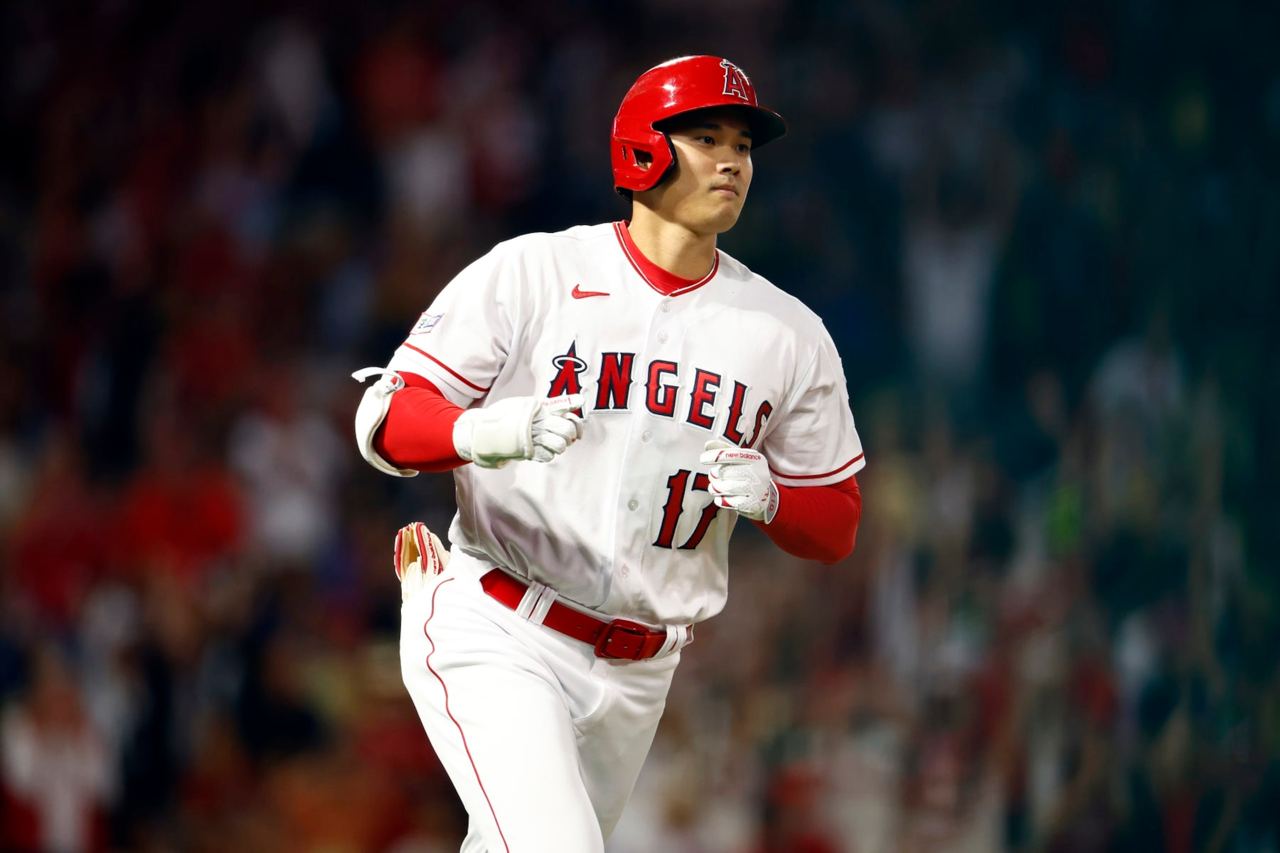 ANAHEIM, CALIFORNIA - JUNE 30:   Shohei Ohtani #17 of the Los Angeles Angels at Angel Stadium of Anaheim on June 30, 2023 in Anaheim, California. (Photo by Ronald Martinez/Getty Images)