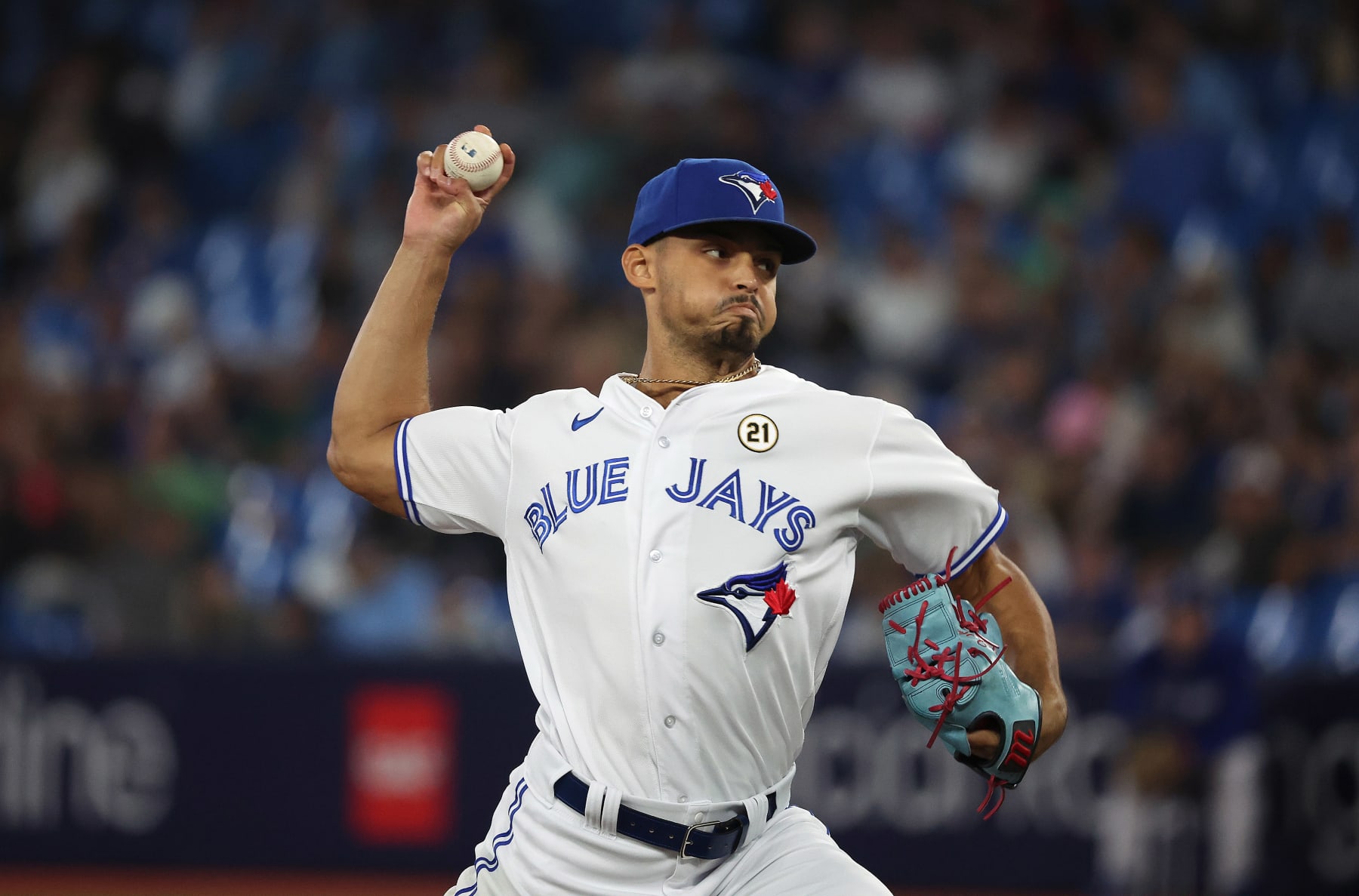 TORONTO, ON - SEPTEMBER 15  -  Toronto Blue Jays relief pitcher Jordan Hicks (12) pitches the eighth inning as the Toronto Blue Jays beat the Boston Red Sox 3-0 at Rogers Centre in Toronto. September 15, 2023.          (Steve Russell/Toronto Star via Getty Images)
