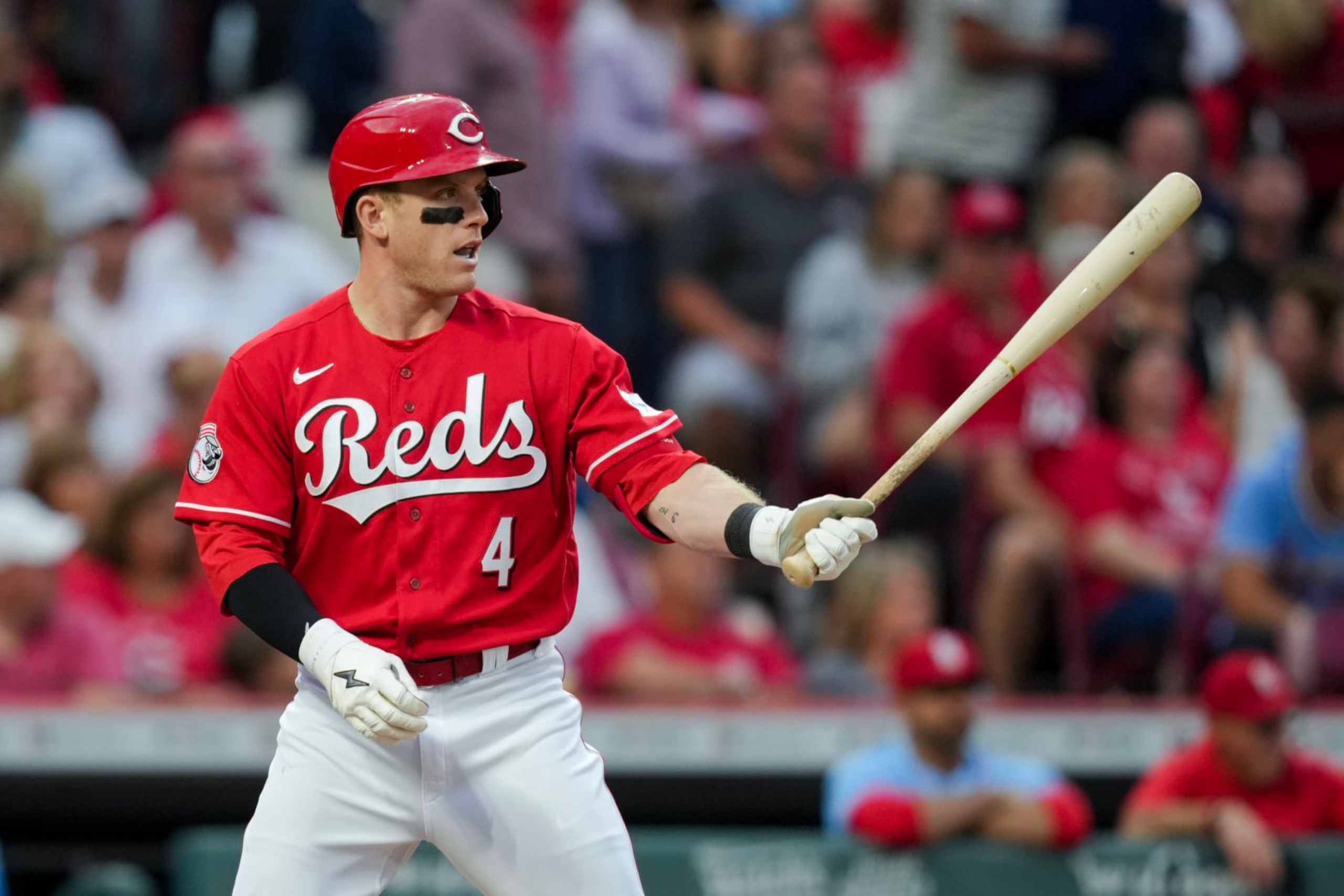 CINCINNATI, OHIO - SEPTEMBER 09: Harrison Bader #4 of the Cincinnati Reds bats against the St. Louis Cardinals at Great American Ball Park on September 09, 2023 in Cincinnati, Ohio. (Photo by Aaron Doster/Getty Images)