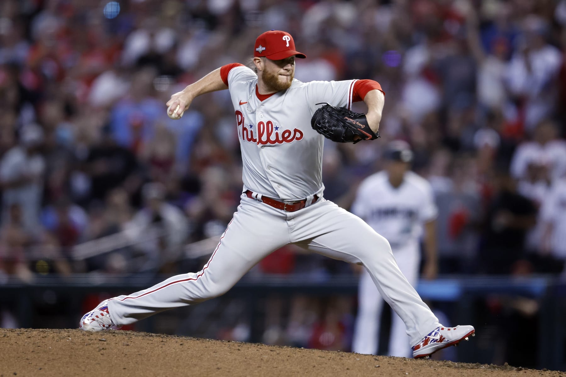 PHOENIX, AZ - OCTOBER 19:  Craig Kimbrel #31 of the Philadelphia Phillies pitches in the ninth inning during Game 3 of the NLCS between the Philadelphia Phillies and the Arizona Diamondbacks at Chase Field on Thursday, October 19, 2023 in Phoenix, Arizona. (Photo by Chris Coduto/MLB Photos via Getty Images)