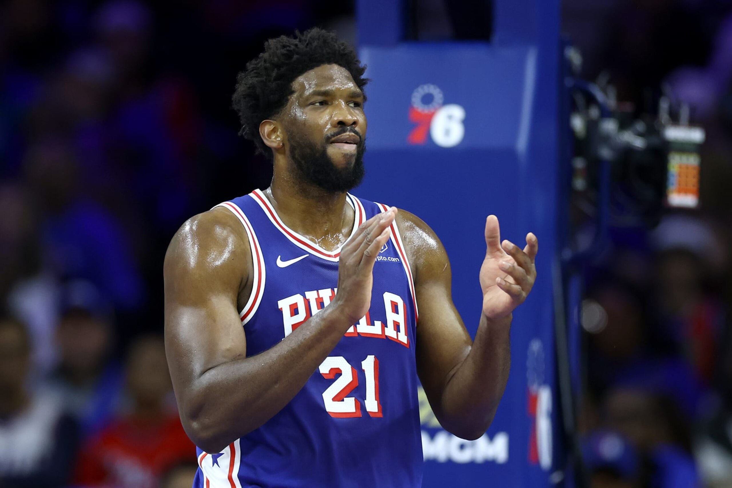 PHILADELPHIA, PENNSYLVANIA - OCTOBER 29: Joel Embiid #21 of the Philadelphia 76ers reacts during the first quarter against the Portland Trail Blazers at Wells Fargo Center on October 29, 2023 in Philadelphia, Pennsylvania. NOTE TO USER: User expressly acknowledges and agrees that, by downloading and or using this photograph, User is consenting to the terms and conditions of the Getty Images License Agreement. (Photo by Tim Nwachukwu/Getty Images) PHILADELPHIA, PENNSYLVANIA - OCTOBER 29: Joel Embiid #21 of the Philadelphia 76ers reacts during the first quarter against the Portland Trail Blazers at Wells Fargo Center on October 29, 2023 in Philadelphia, Pennsylvania. NOTE TO USER: User expressly acknowledges and agrees that, by downloading and or using this photograph, User is consenting to the terms and conditions of the Getty Images License Agreement. (Photo by Tim Nwachukwu/Getty Images)