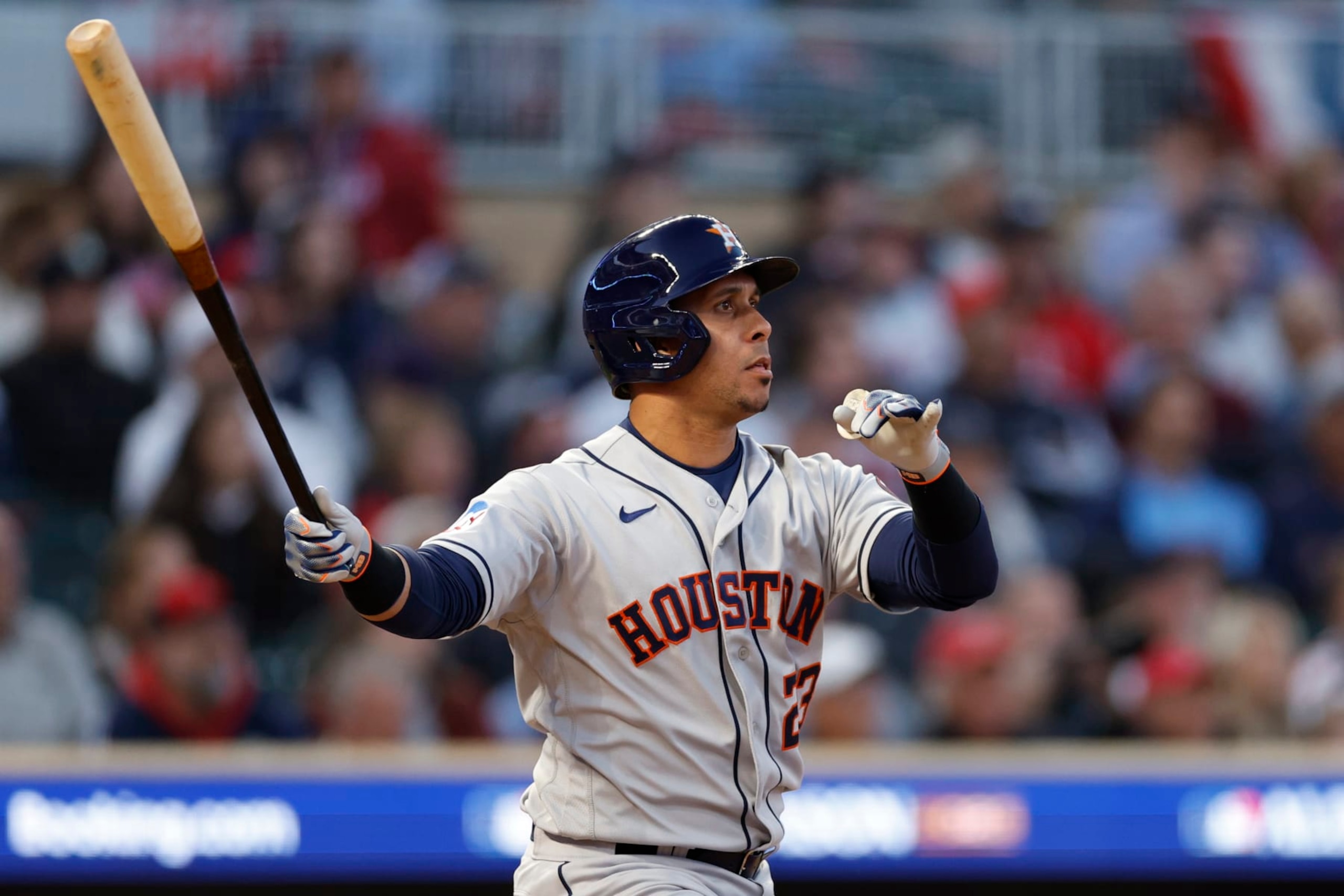 MINNEAPOLIS, MINNESOTA - OCTOBER 11: Michael Brantley #23 of the Houston Astros hits a solo home run against the Minnesota Twins during the second inning in Game Four of the Division Series at Target Field on October 11, 2023 in Minneapolis, Minnesota. (Photo by David Berding/Getty Images)