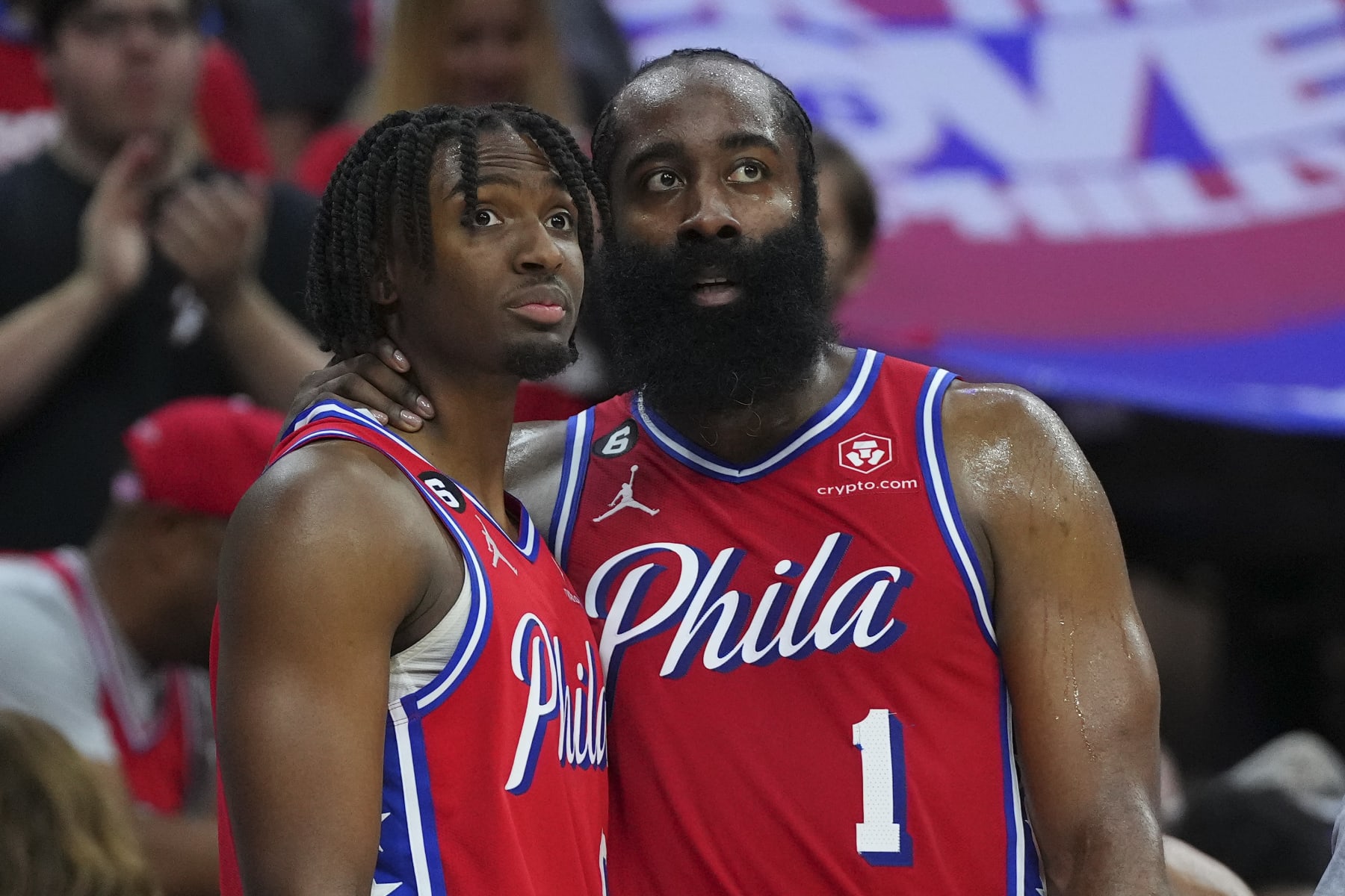 PHILADELPHIA, PA - APRIL 15: James Harden #1 of the Philadelphia 76ers puts his arm around Tyrese Maxey #0 against the Brooklyn Nets during Game One of the Eastern Conference First Round Playoffs at the Wells Fargo Center on April 15, 2023 in Philadelphia, Pennsylvania. The 76ers defeated the Nets 121-101. NOTE TO USER: User expressly acknowledges and agrees that, by downloading and or using this photograph, User is consenting to the terms and conditions of the Getty Images License Agreement. (Photo by Mitchell Leff/Getty Images)