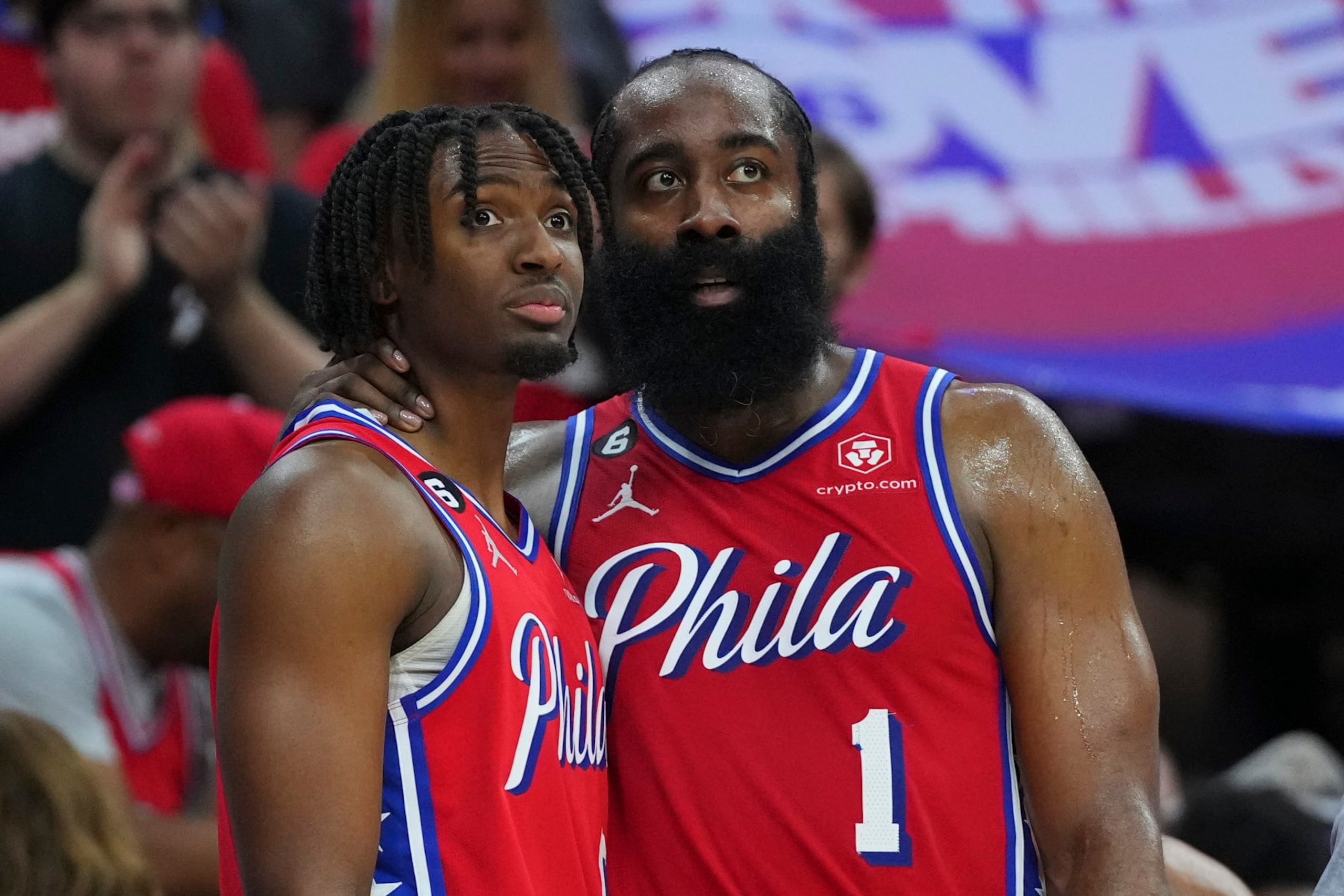 PHILADELPHIA, PA - APRIL 15: James Harden #1 of the Philadelphia 76ers puts his arm around Tyrese Maxey #0 against the Brooklyn Nets during Game One of the Eastern Conference First Round Playoffs at the Wells Fargo Center on April 15, 2023 in Philadelphia, Pennsylvania. The 76ers defeated the Nets 121-101. NOTE TO USER: User expressly acknowledges and agrees that, by downloading and or using this photograph, User is consenting to the terms and conditions of the Getty Images License Agreement. (Photo by Mitchell Leff/Getty Images) PHILADELPHIA, PA - APRIL 15: James Harden #1 of the Philadelphia 76ers puts his arm around Tyrese Maxey #0 against the Brooklyn Nets during Game One of the Eastern Conference First Round Playoffs at the Wells Fargo Center on April 15, 2023 in Philadelphia, Pennsylvania. The 76ers defeated the Nets 121-101. NOTE TO USER: User expressly acknowledges and agrees that, by downloading and or using this photograph, User is consenting to the terms and conditions of the Getty Images License Agreement. (Photo by Mitchell Leff/Getty Images)