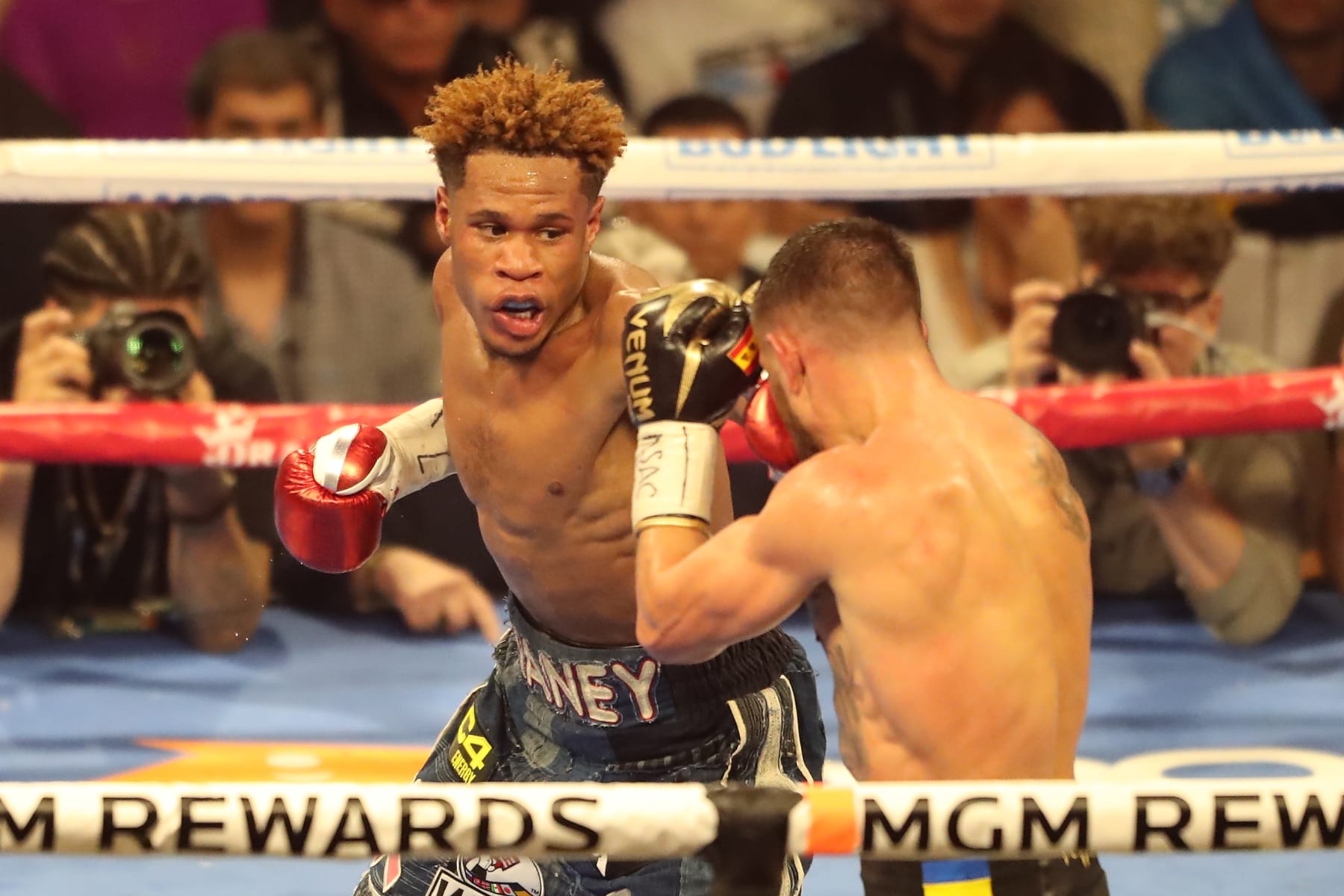 LAS VEGAS, NV - MAY 20: (L-R) Devin Haney punches Vasyl Lomachenko in their 12-round main-event Undisputed Lightweight Title bout at TopRank on ESPN - Haney v Loma at MGM Grand Garden Arena on May 20, 2023 in Las Vegas, NV. (Photo by Alejandro Salazar/PxImages/Icon Sportswire via Getty Images)