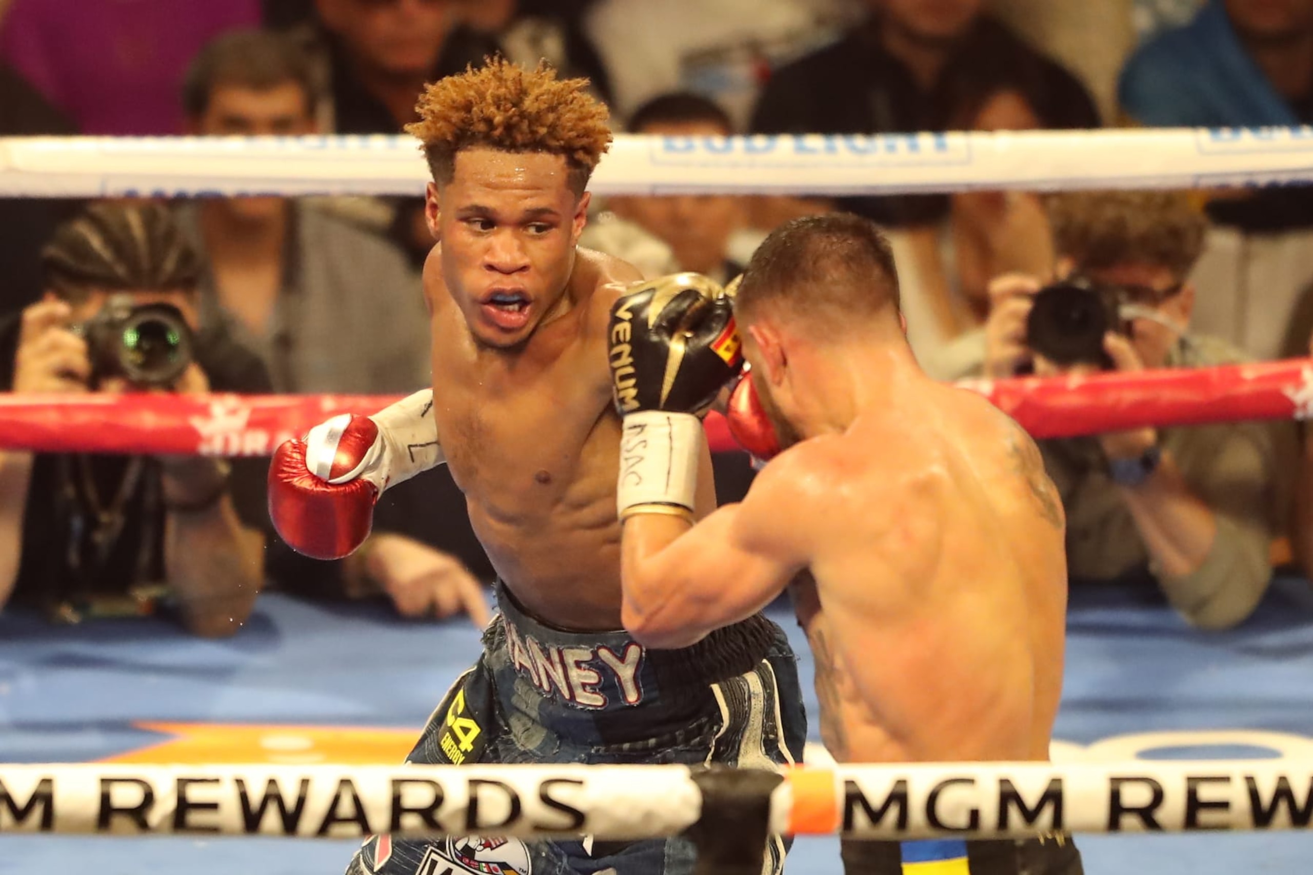 LAS VEGAS, NV - MAY 20: (L-R) Devin Haney punches Vasyl Lomachenko in their 12-round main-event Undisputed Lightweight Title bout at TopRank on ESPN - Haney v Loma at MGM Grand Garden Arena on May 20, 2023 in Las Vegas, NV. (Photo by Alejandro Salazar/PxImages/Icon Sportswire via Getty Images)