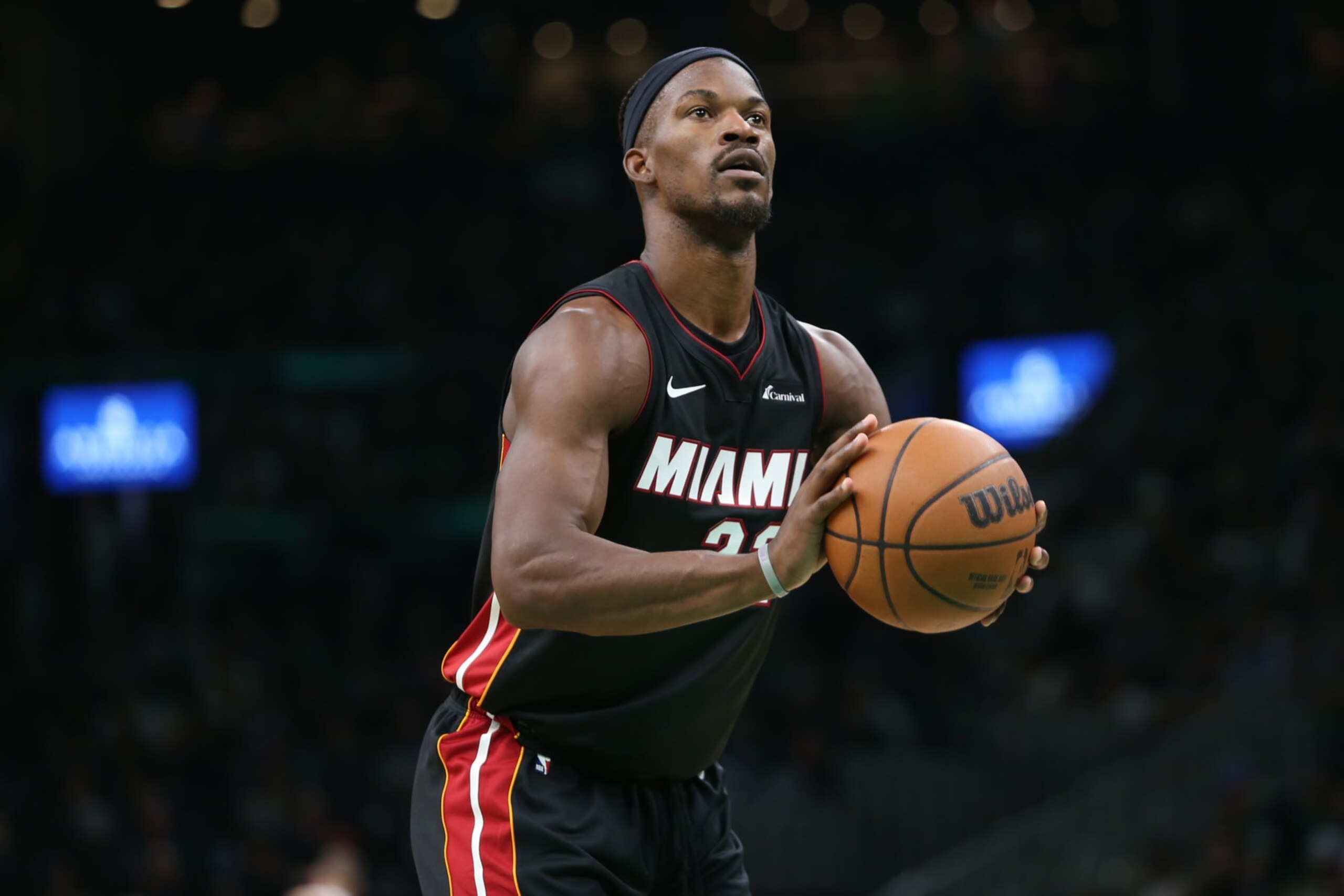 BOSTON, MASSACHUSETTS - OCTOBER 27: Jimmy Butler #22 of the Miami Heat pauses before taking a free throw against the Boston Celtics at TD Garden on October 27, 2023 in Boston, Massachusetts. NOTE TO USER: User expressly acknowledges and agrees that, by downloading and or using this photograph, User is consenting to the terms and conditions of the Getty Images License Agreement. (Photo by Maddie Schroeder/Getty Images)