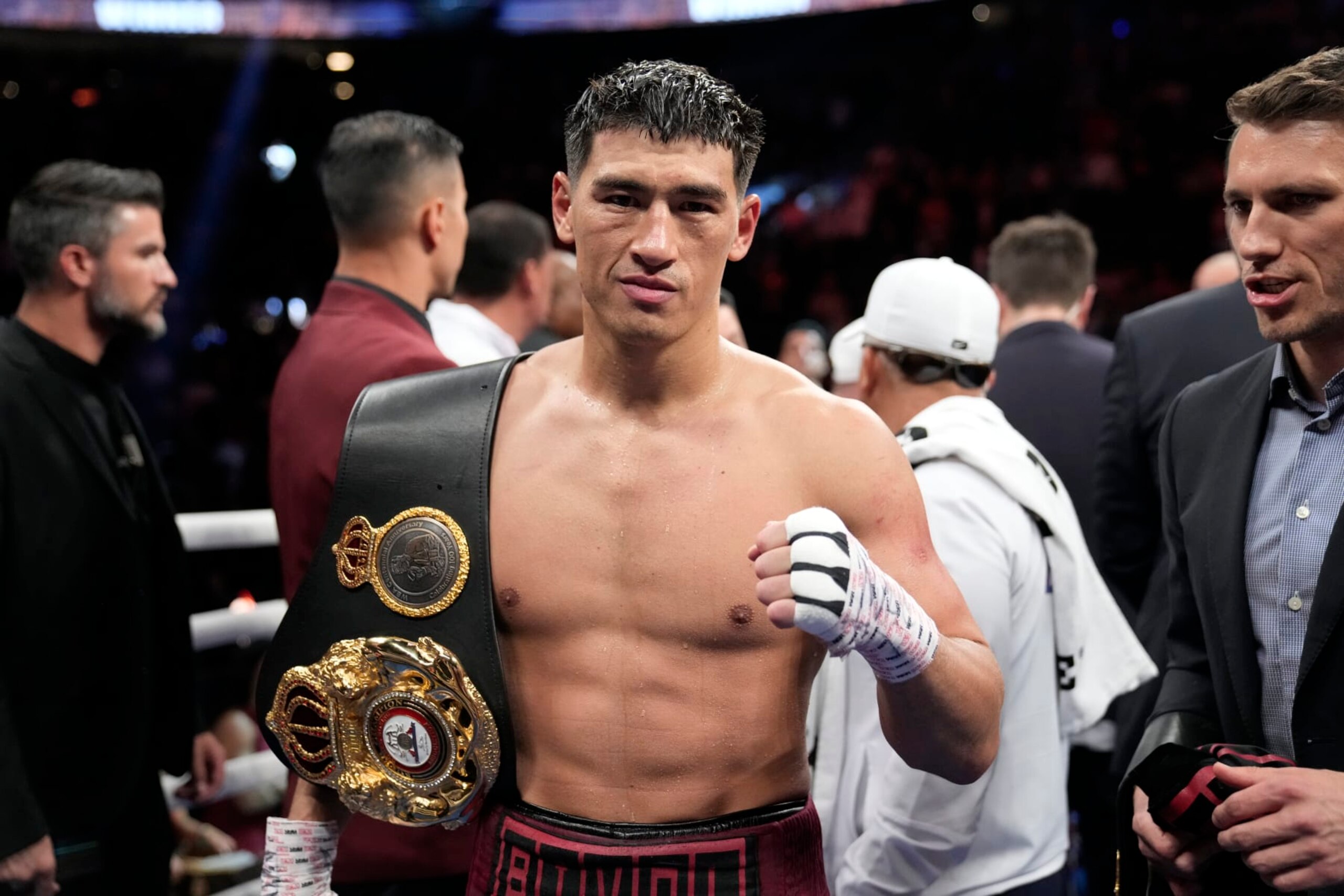 Dmitry Bivol, of Kyrgyzstan, celebrates after winning a light heavyweight title boxing match against Canelo Alvarez, of Mexico, Saturday, May 7, 2022, in Las Vegas. (AP Photo/John Locher)