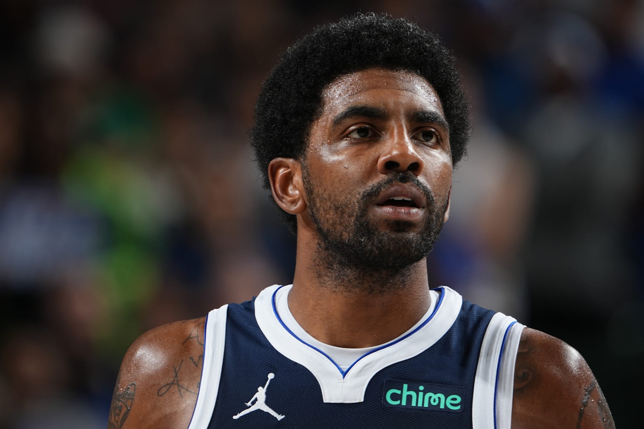 DALLAS, TX - OCTOBER 27: Kyrie Irving #11 of the Dallas Mavericks looks on during the game against the Brooklyn Nets on October 27, 2023 at the American Airlines Center in Dallas, Texas. NOTE TO USER: User expressly acknowledges and agrees that, by downloading and or using this photograph, User is consenting to the terms and conditions of the Getty Images License Agreement. Mandatory Copyright Notice: Copyright 2023 NBAE (Photo by Glenn James/NBAE via Getty Images)