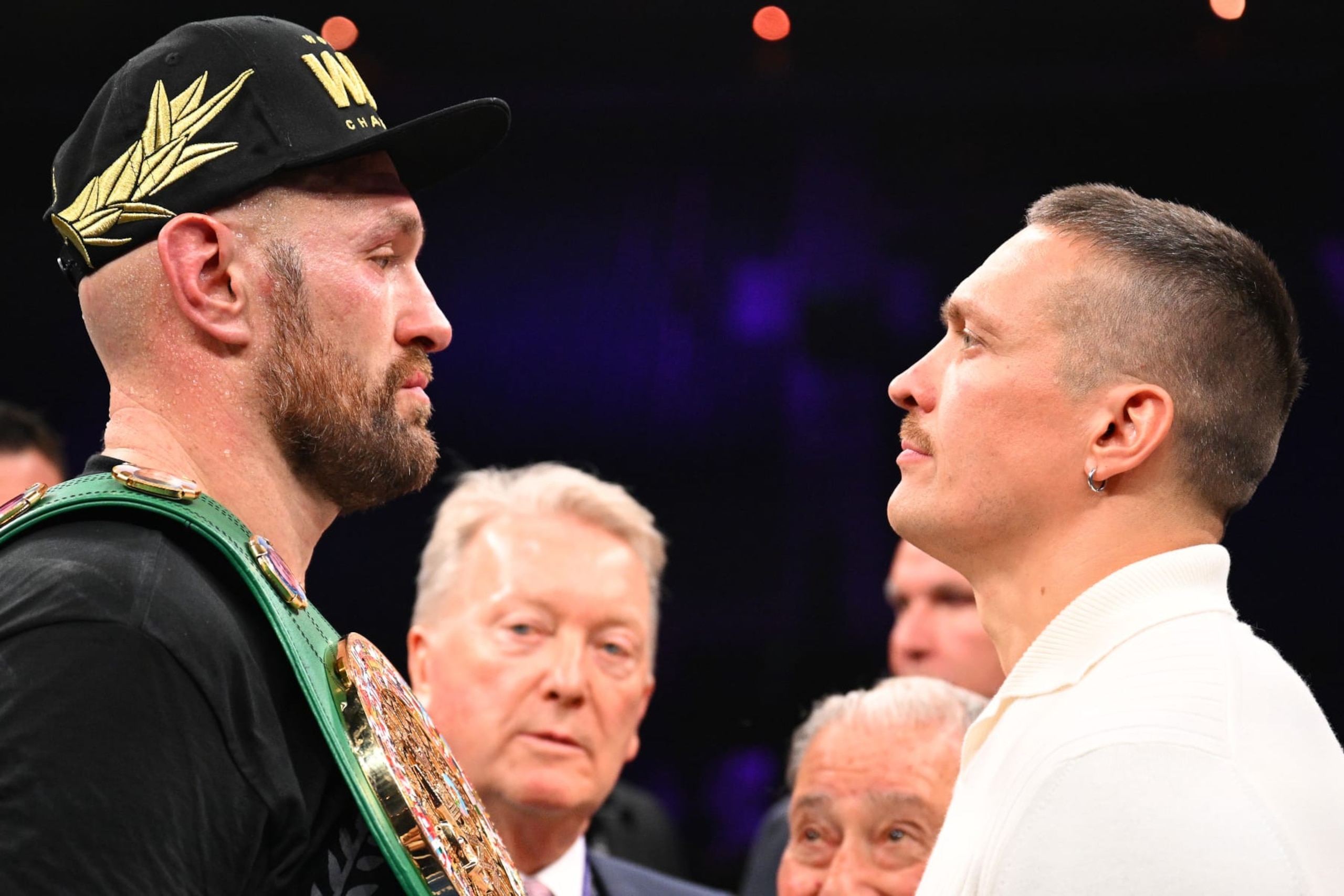 RIYADH, SAUDI ARABIA - OCTOBER 28: Tyson Fury and Oleksandr Usyk face off after the Heavyweight fight between Tyson Fury and Francis Ngannou at Boulevard Hall on October 28, 2023 in Riyadh, Saudi Arabia. (Photo by Justin Setterfield/Getty Images)