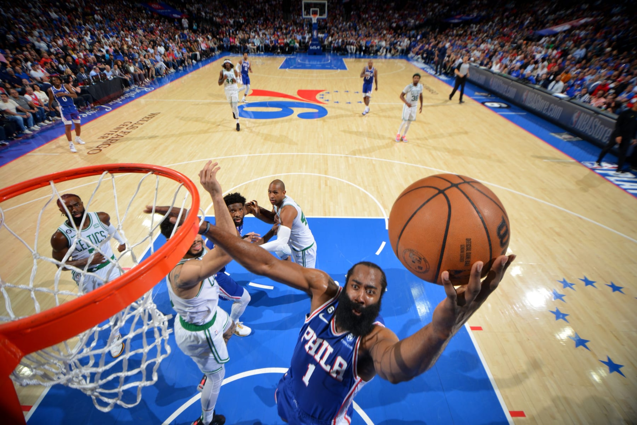PHILADELPHIA, PA - MAY 11: James Harden #1 of the Philadelphia 76ers drives to the basket during the game against the Boston Celtics during Game 6 of the 2023 NBA Playoffs Eastern Conference semi-finals on May 11, 2023 at the Wells Fargo Center in Philadelphia, Pennsylvania NOTE TO USER: User expressly acknowledges and agrees that, by downloading and/or using this Photograph, user is consenting to the terms and conditions of the Getty Images License Agreement. Mandatory Copyright Notice: Copyright 2023 NBAE (Photo by Jesse D. Garrabrant/NBAE via Getty Images)