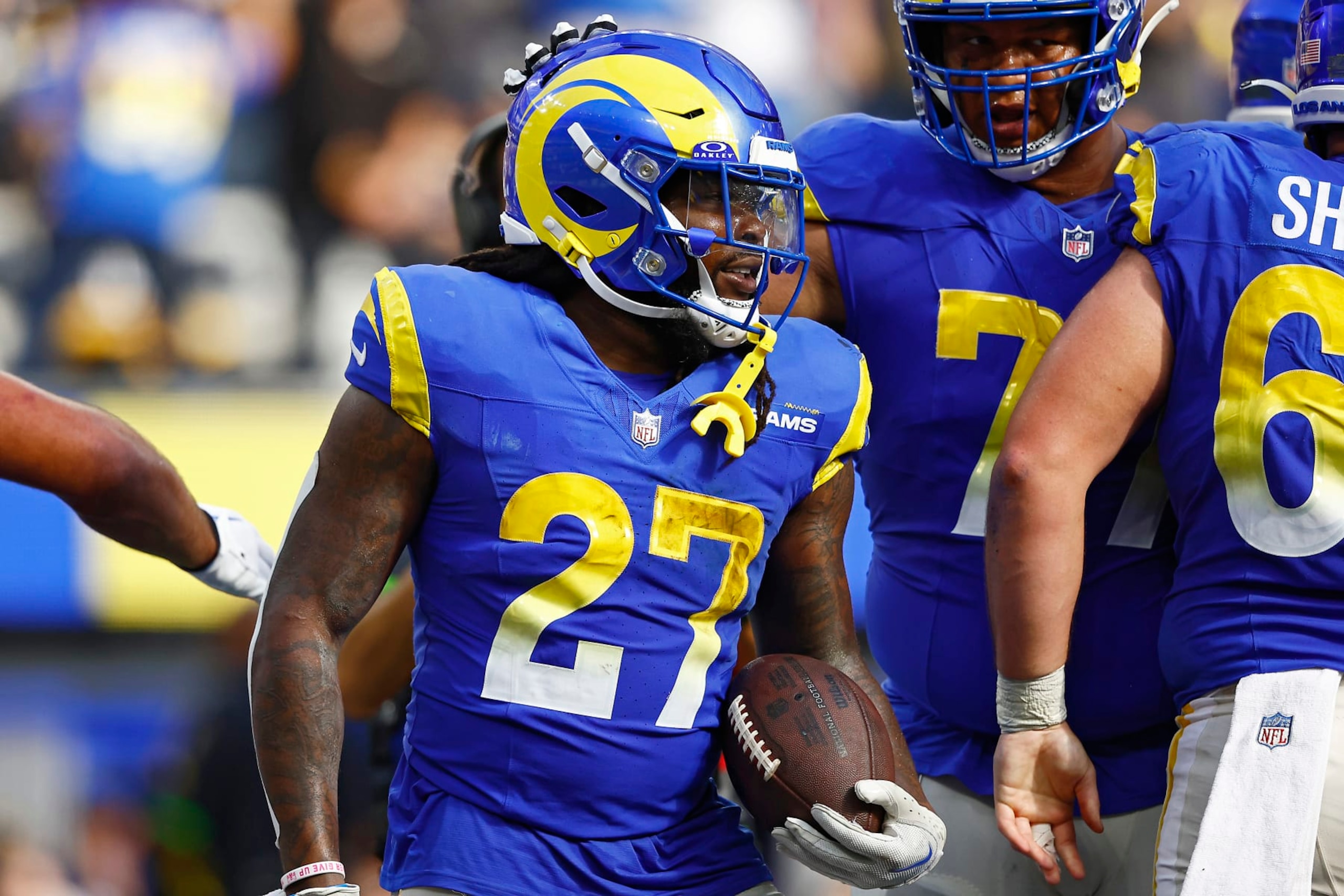 INGLEWOOD, CALIFORNIA - OCTOBER 22: Darrell Henderson Jr. #27 of the Los Angeles Rams reacts to a touchdown during the third quarter against the Pittsburgh Steelers at SoFi Stadium on October 22, 2023 in Inglewood, California. (Photo by Ronald Martinez/Getty Images)