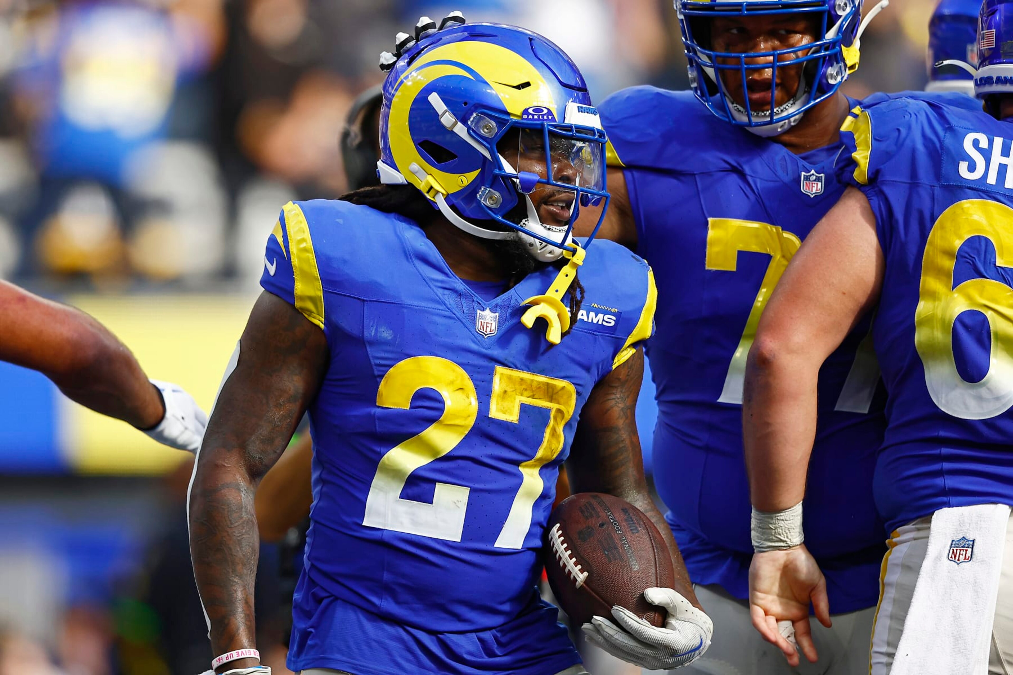 INGLEWOOD, CALIFORNIA - OCTOBER 22: Darrell Henderson Jr. #27 of the Los Angeles Rams reacts to a touchdown during the third quarter against the Pittsburgh Steelers at SoFi Stadium on October 22, 2023 in Inglewood, California. (Photo by Ronald Martinez/Getty Images)