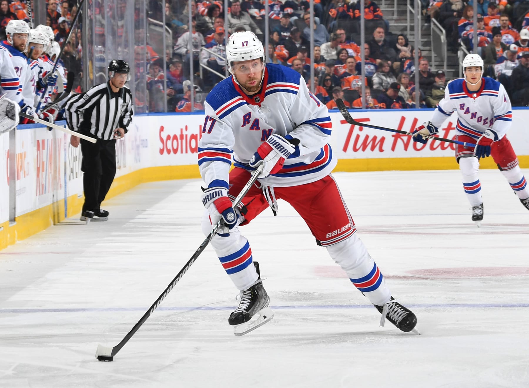 EDMONTON, CANADA - OCTOBER 26: Blake Wheeler #17 of the New York Rangers skates during the game against the Edmonton Oilers at Rogers Place on October 26, 2023, in Edmonton, Alberta, Canada. (Photo by Andy Devlin/NHLI via Getty Images)