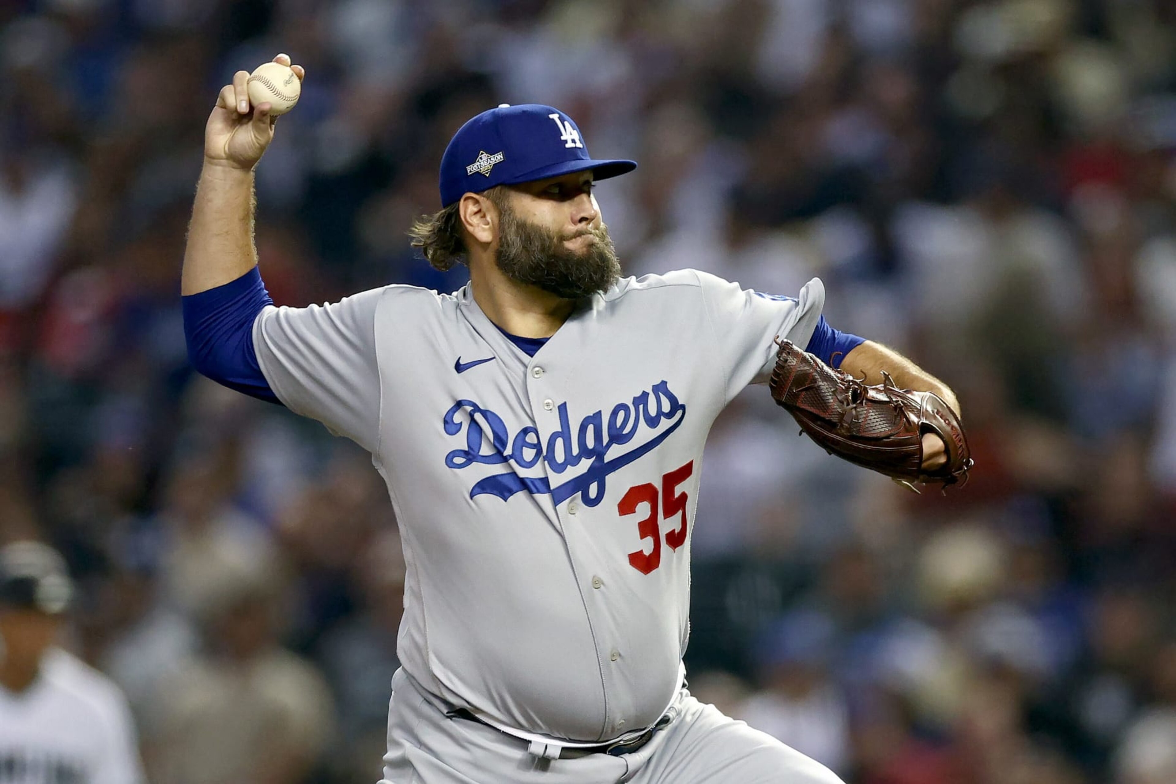 PHOENIX, ARIZONA - OCTOBER 11: Lance Lynn #35 of the Los Angeles Dodgers pitches in the first inning against the Arizona Diamondbacks during Game Three of the Division Series at Chase Field on October 11, 2023 in Phoenix, Arizona. (Photo by Elsa/Getty Images)
