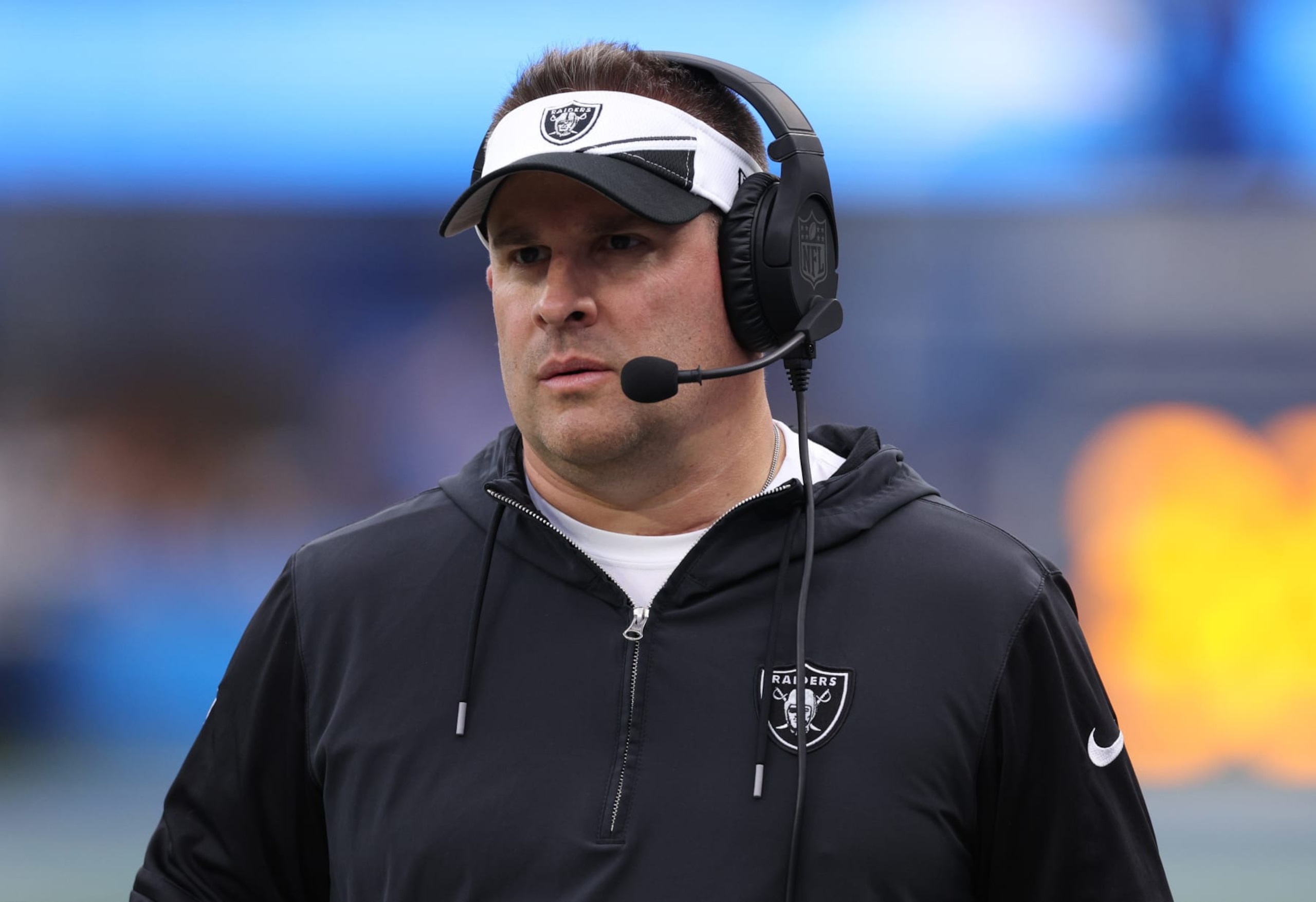 INGLEWOOD, CALIFORNIA - OCTOBER 01: Head coach Josh McDaniels of the Las Vegas Raiders looks on against the Los Angeles Chargers during the first half at SoFi Stadium on October 01, 2023 in Inglewood, California. (Photo by Harry How/Getty Images)