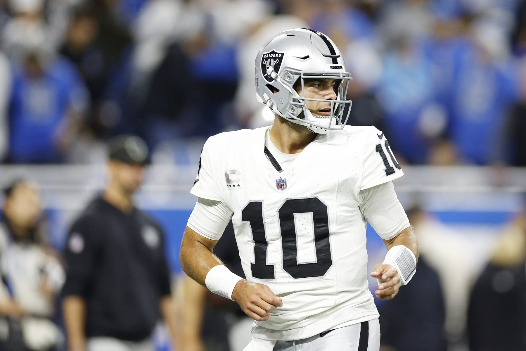 DETROIT, MICHIGAN - OCTOBER 30: Jimmy Garoppolo #10 of the Las Vegas Raiders warms up prior to their game against the Detroit Lions at Ford Field on October 30, 2023 in Detroit, Michigan. (Photo by Mike Mulholland/Getty Images)