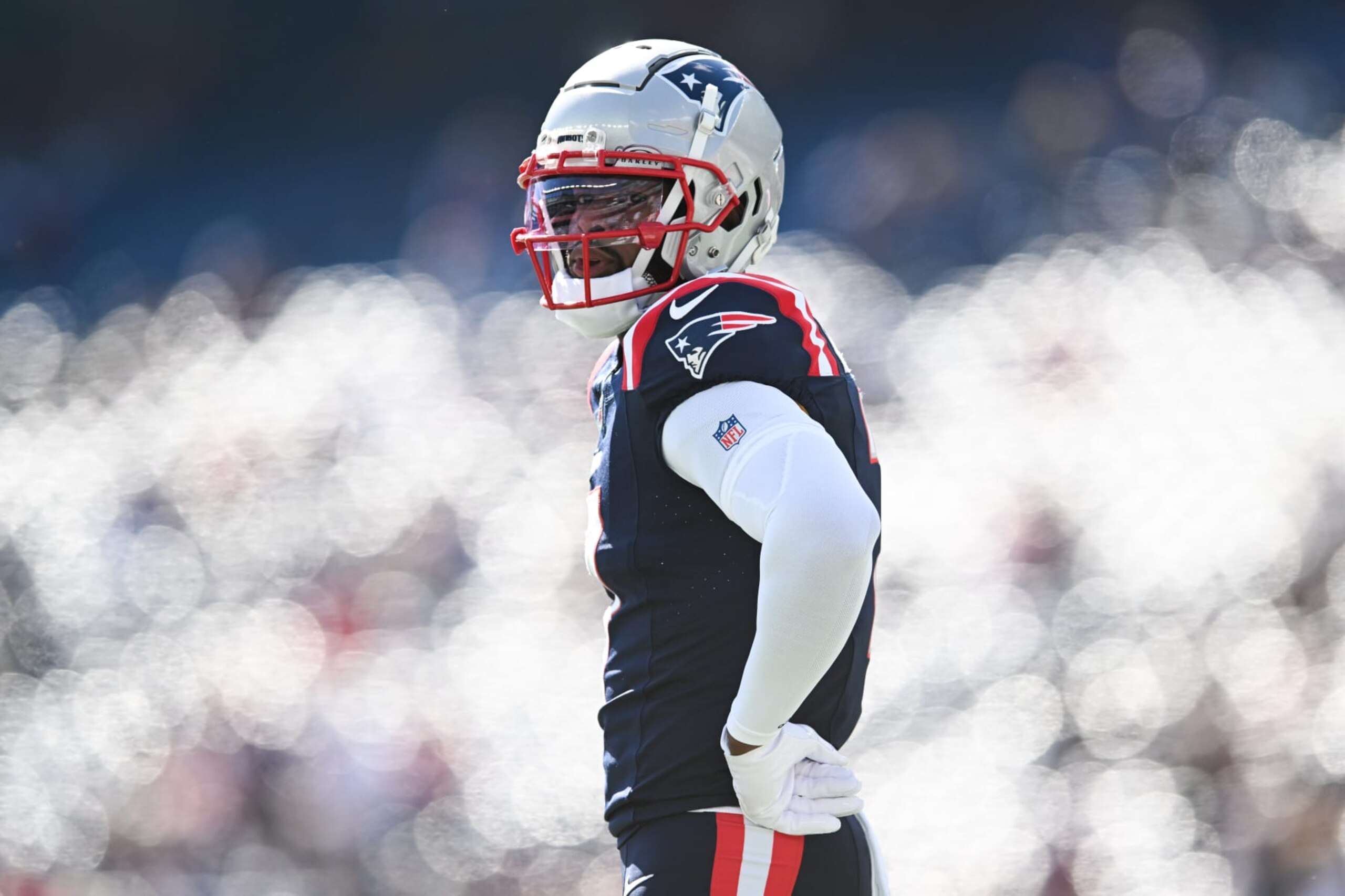 FOXBORO, MA - OCTOBER 8: JuJu Smith-Schuster #7 of the New England Patriots stands on the field prior to the start of the game against the New Orleans Saints at Gillette Stadium on October 8, 2023 in Foxboro, Massachusetts. (Photo by Kathryn Riley/Getty Images)