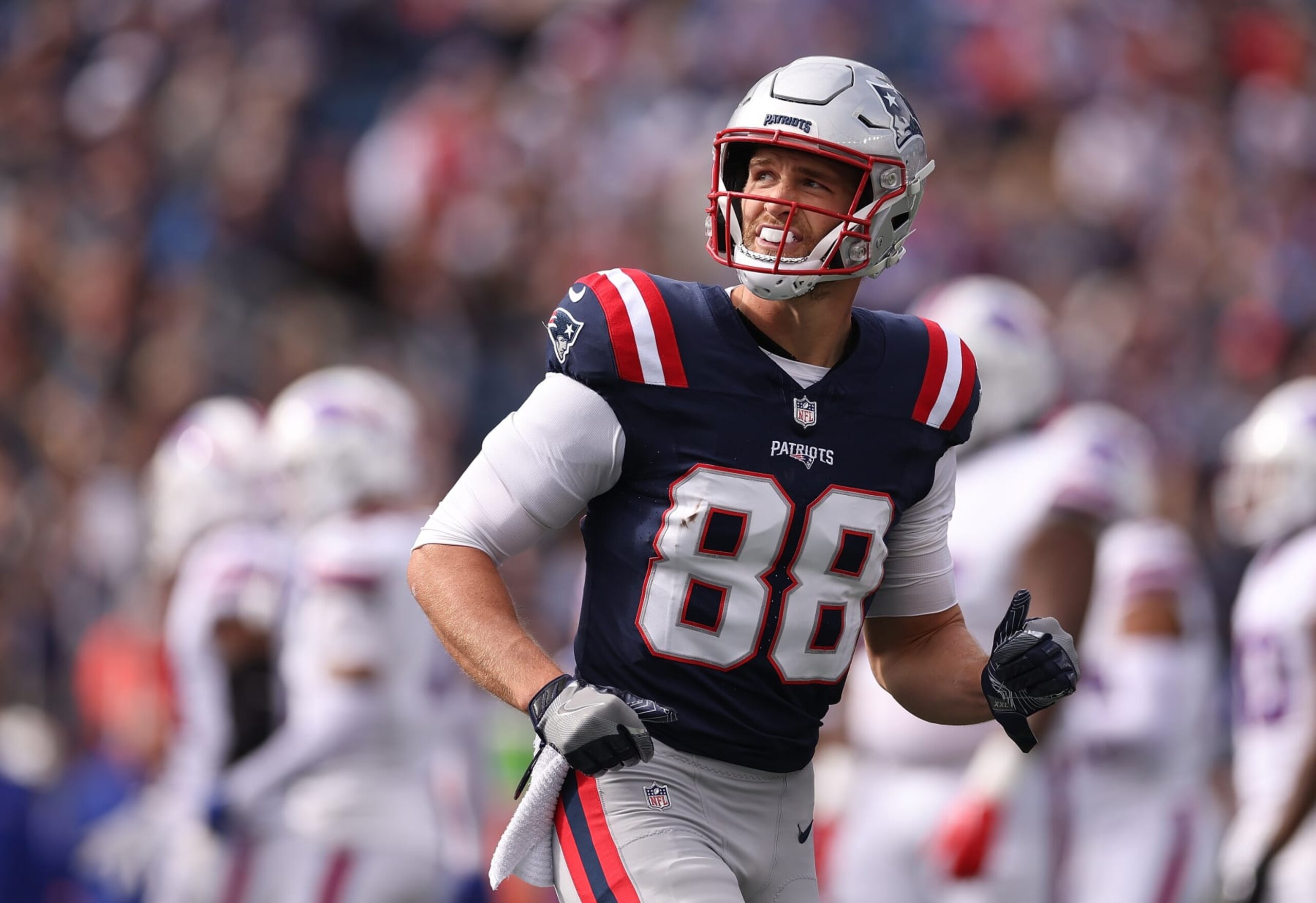 FOXBOROUGH, MASSACHUSETTS - OCTOBER 22: Mike Gesicki #88 of the New England Patriots looks on between plays in the first half of the game against the Buffalo Bills at Gillette Stadium on October 22, 2023 in Foxborough, Massachusetts. (Photo by Maddie Meyer/Getty Images)