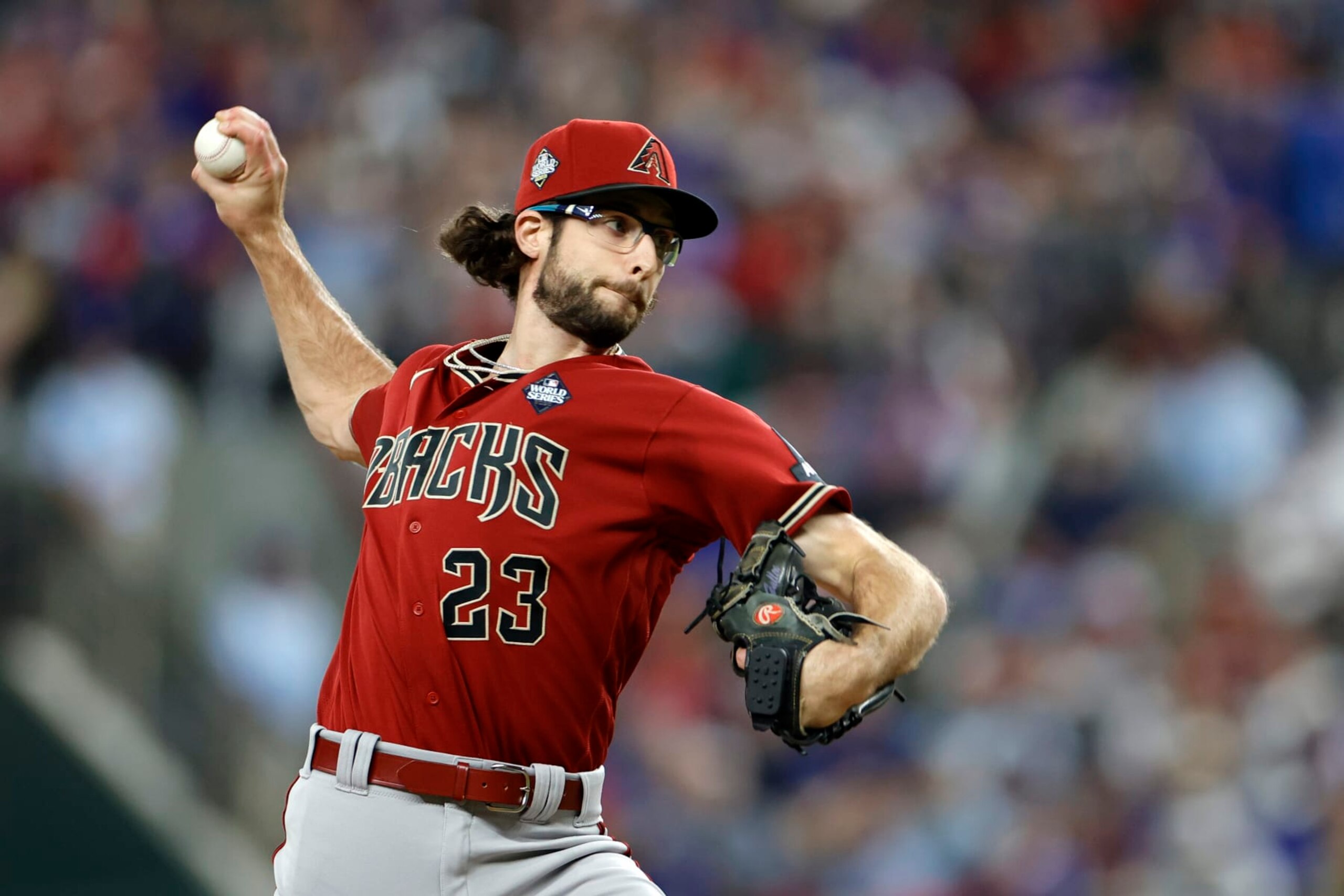 ARLINGTON, TEXAS - OCTOBER 27: Zac Gallen #23 of the Arizona Diamondbacks pitches in the first inning against the Texas Rangers during Game One of the World Series at Globe Life Field on October 27, 2023 in Arlington, Texas. (Photo by Carmen Mandato/Getty Images)