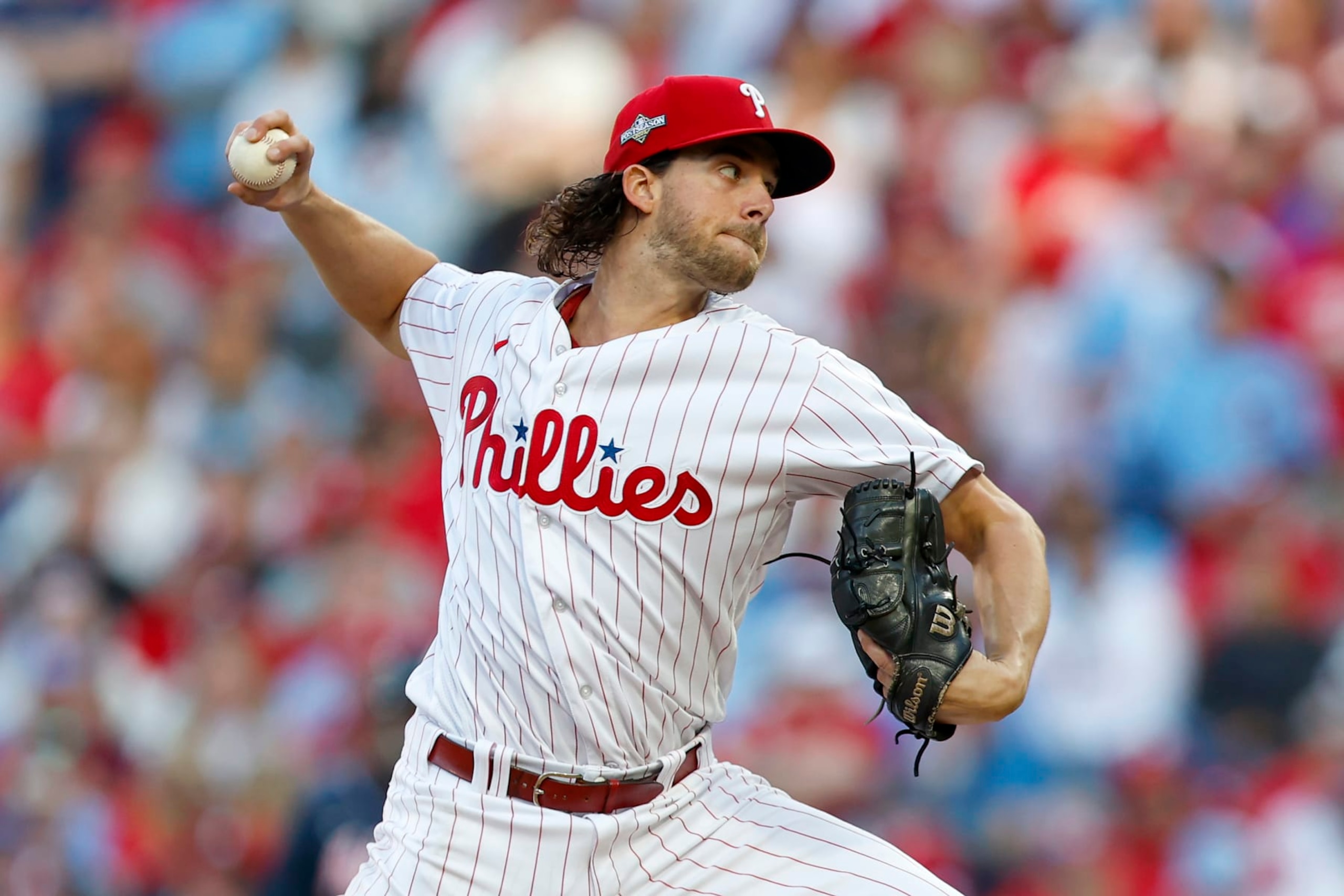 PHILADELPHIA, PENNSYLVANIA - OCTOBER 11: Aaron Nola #27 of the Philadelphia Phillies throws a pitch against the Atlanta Braves during the second inning in Game Three of the Division Series at Citizens Bank Park on October 11, 2023 in Philadelphia, Pennsylvania. (Photo by Rich Schultz/Getty Images) PHILADELPHIA, PENNSYLVANIA - OCTOBER 11: Aaron Nola #27 of the Philadelphia Phillies throws a pitch against the Atlanta Braves during the second inning in Game Three of the Division Series at Citizens Bank Park on October 11, 2023 in Philadelphia, Pennsylvania. (Photo by Rich Schultz/Getty Images)