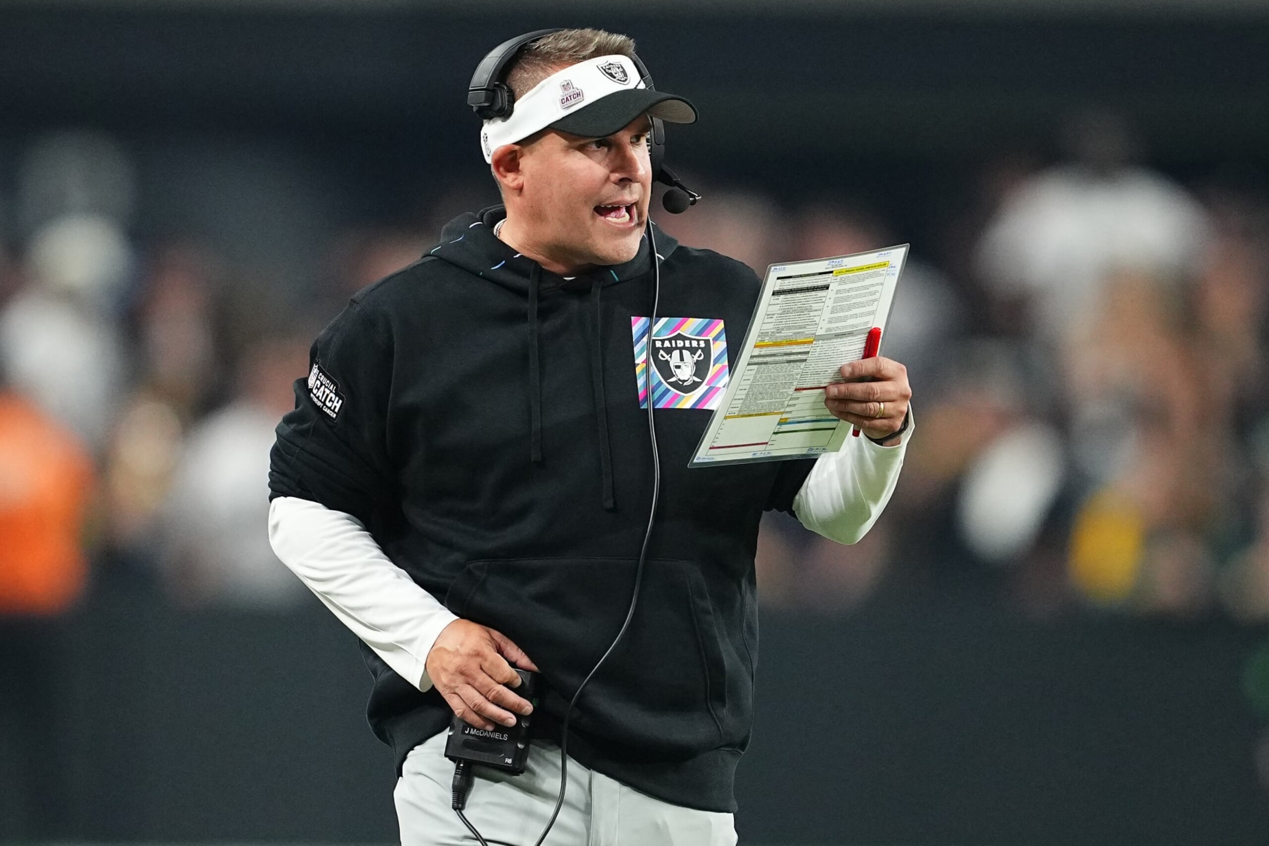 LAS VEGAS, NEVADA - OCTOBER 09: Head coach Josh McDaniels of the Las Vegas Raiders calls a play during the fourth quarter against the Green Bay Packers at Allegiant Stadium on October 09, 2023 in Las Vegas, Nevada. (Photo by Chris Unger/Getty Images) LAS VEGAS, NEVADA - OCTOBER 09: Head coach Josh McDaniels of the Las Vegas Raiders calls a play during the fourth quarter against the Green Bay Packers at Allegiant Stadium on October 09, 2023 in Las Vegas, Nevada. (Photo by Chris Unger/Getty Images)