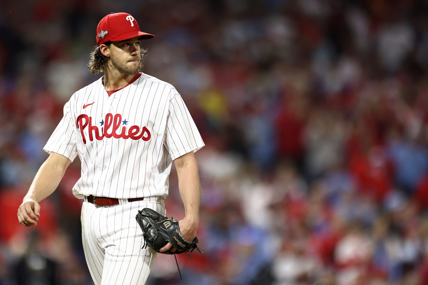 PHILADELPHIA, PENNSYLVANIA - OCTOBER 23: Aaron Nola #27 of the Philadelphia Phillies exits the game in the fifth inning against the Arizona Diamondbacks during Game Six of the Championship Series at Citizens Bank Park on October 23, 2023 in Philadelphia, Pennsylvania. (Photo by Tim Nwachukwu/Getty Images)