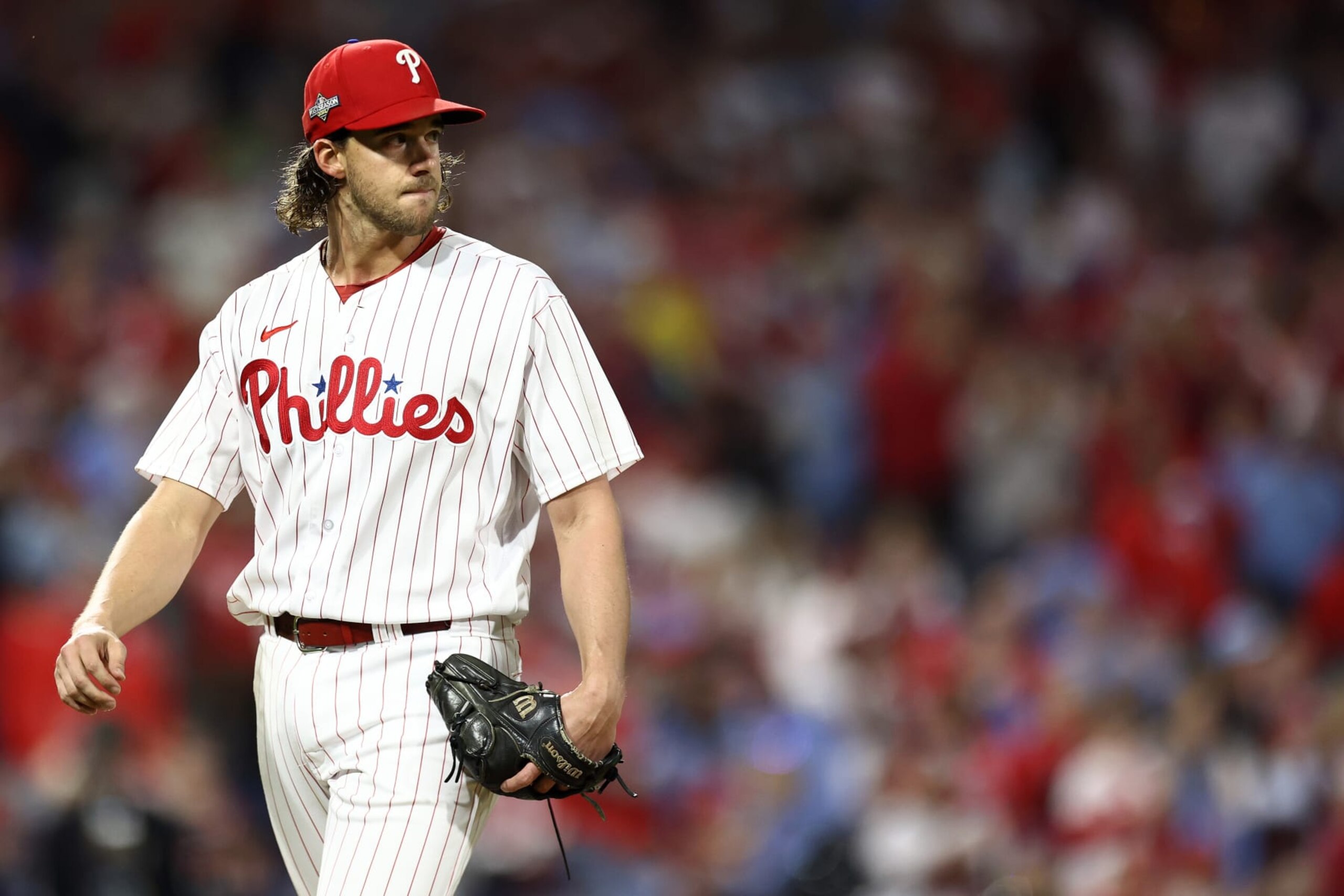 PHILADELPHIA, PENNSYLVANIA - OCTOBER 23: Aaron Nola #27 of the Philadelphia Phillies exits the game in the fifth inning against the Arizona Diamondbacks during Game Six of the Championship Series at Citizens Bank Park on October 23, 2023 in Philadelphia, Pennsylvania. (Photo by Tim Nwachukwu/Getty Images) PHILADELPHIA, PENNSYLVANIA - OCTOBER 23: Aaron Nola #27 of the Philadelphia Phillies exits the game in the fifth inning against the Arizona Diamondbacks during Game Six of the Championship Series at Citizens Bank Park on October 23, 2023 in Philadelphia, Pennsylvania. (Photo by Tim Nwachukwu/Getty Images)
