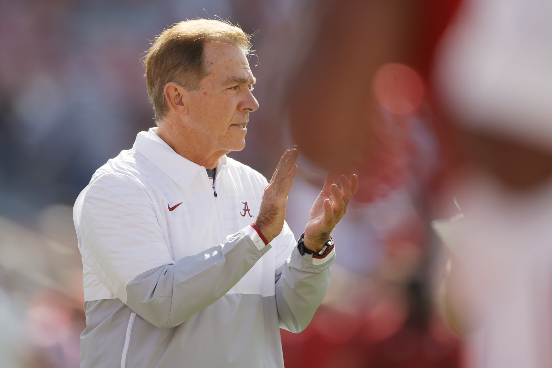 TUSCALOOSA, ALABAMA - OCTOBER 14: Head coach Nick Saban of the Alabama Crimson Tide on the field prior to a game Arkansas Razorbacks at Bryant-Denny Stadium on October 14, 2023 in Tuscaloosa, Alabama. (Photo by Alex Slitz/Getty Images)