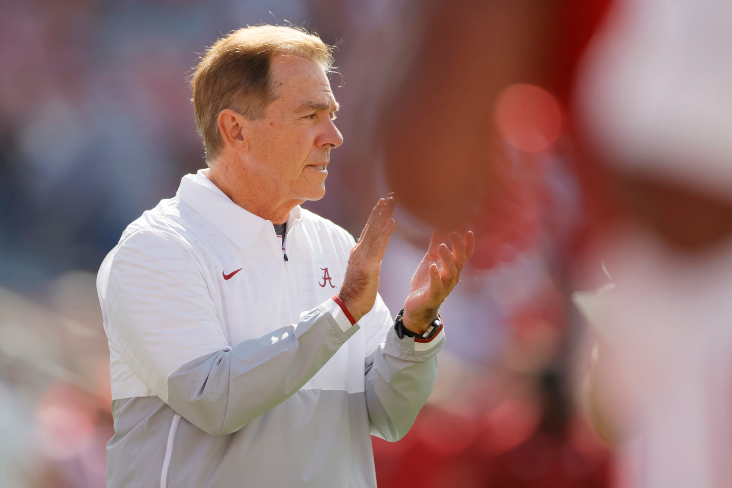 TUSCALOOSA, ALABAMA - OCTOBER 14: Head coach Nick Saban of the Alabama Crimson Tide on the field prior to a game Arkansas Razorbacks at Bryant-Denny Stadium on October 14, 2023 in Tuscaloosa, Alabama. (Photo by Alex Slitz/Getty Images) TUSCALOOSA, ALABAMA - OCTOBER 14: Head coach Nick Saban of the Alabama Crimson Tide on the field prior to a game Arkansas Razorbacks at Bryant-Denny Stadium on October 14, 2023 in Tuscaloosa, Alabama. (Photo by Alex Slitz/Getty Images)