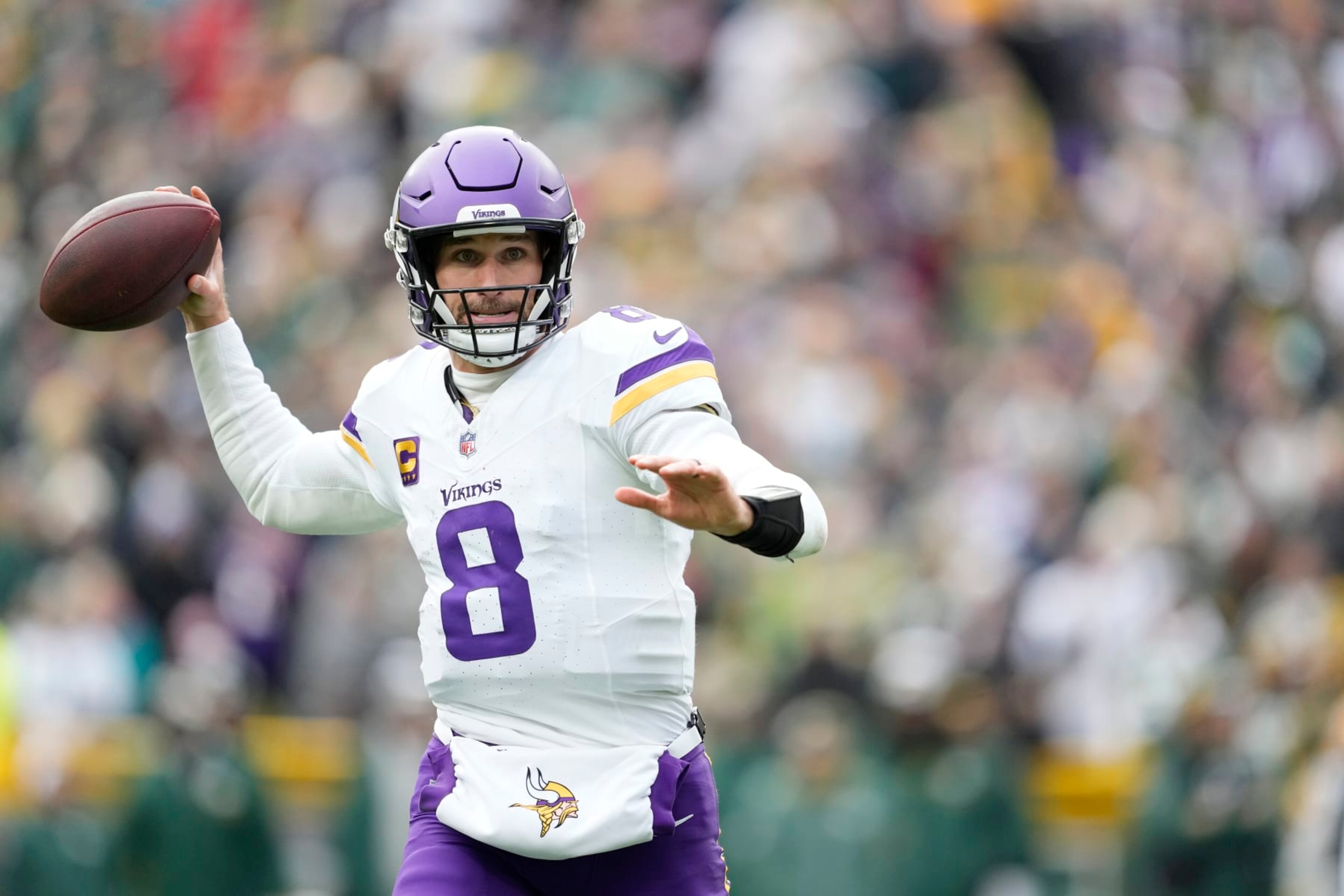GREEN BAY, WISCONSIN - OCTOBER 29: Kirk Cousins #8 of the Minnesota Vikings looks to throw a pass in the third quarter against the Green Bay Packers at Lambeau Field on October 29, 2023 in Green Bay, Wisconsin. (Photo by Patrick McDermott/Getty Images) GREEN BAY, WISCONSIN - OCTOBER 29: Kirk Cousins #8 of the Minnesota Vikings looks to throw a pass in the third quarter against the Green Bay Packers at Lambeau Field on October 29, 2023 in Green Bay, Wisconsin. (Photo by Patrick McDermott/Getty Images)