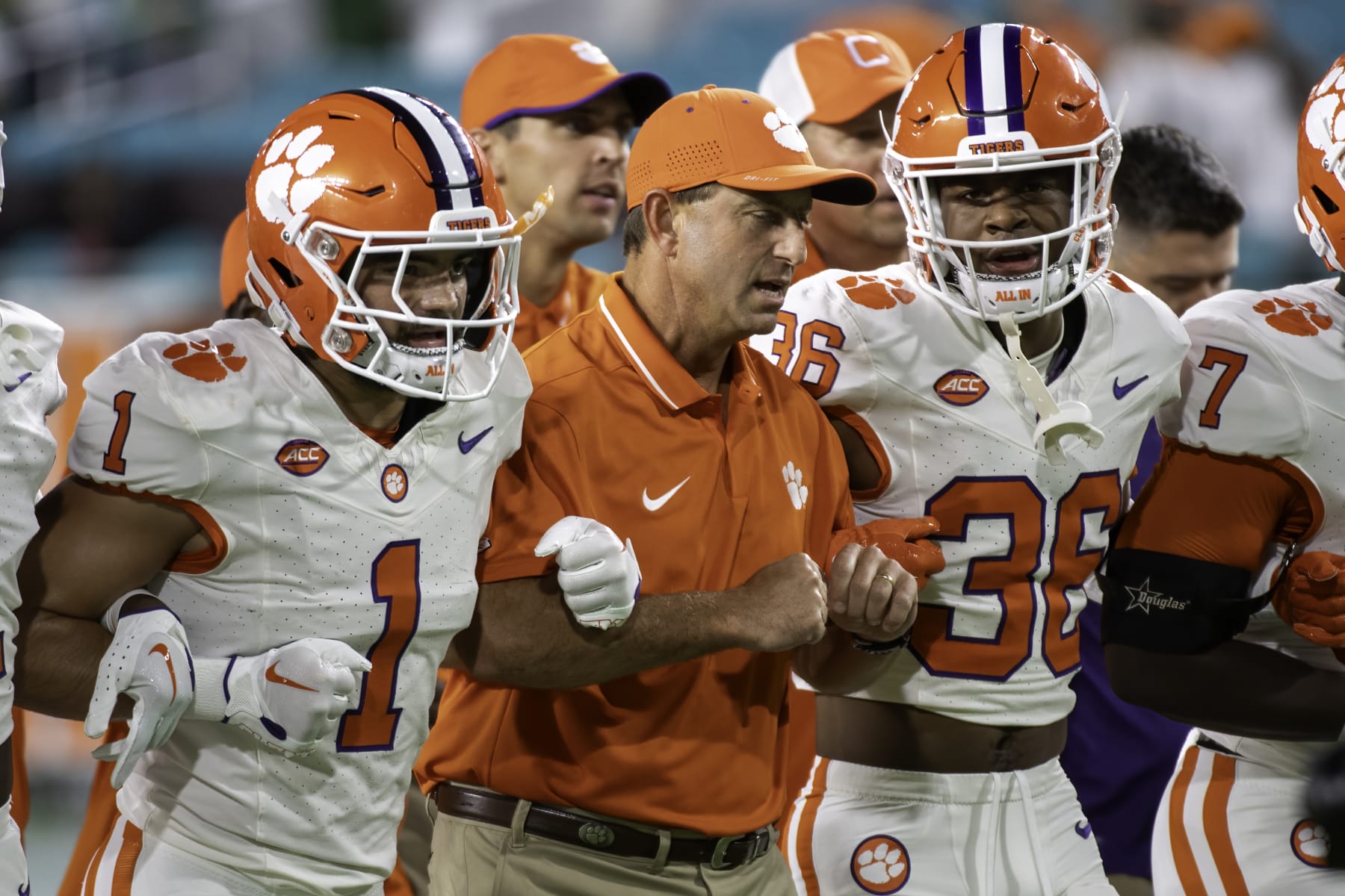 MIAMI GARDENS, FL - OCTOBER 21: Clemson head coach Dabo Swinney does the walk of champions before the college football game between the Clemson Tigers and the University of Miami Hurricanes on October 21, 2023 at the Hard Rock Stadium in Miami Gardens, FL. (Photo by Doug Murray/Icon Sportswire via Getty Images)