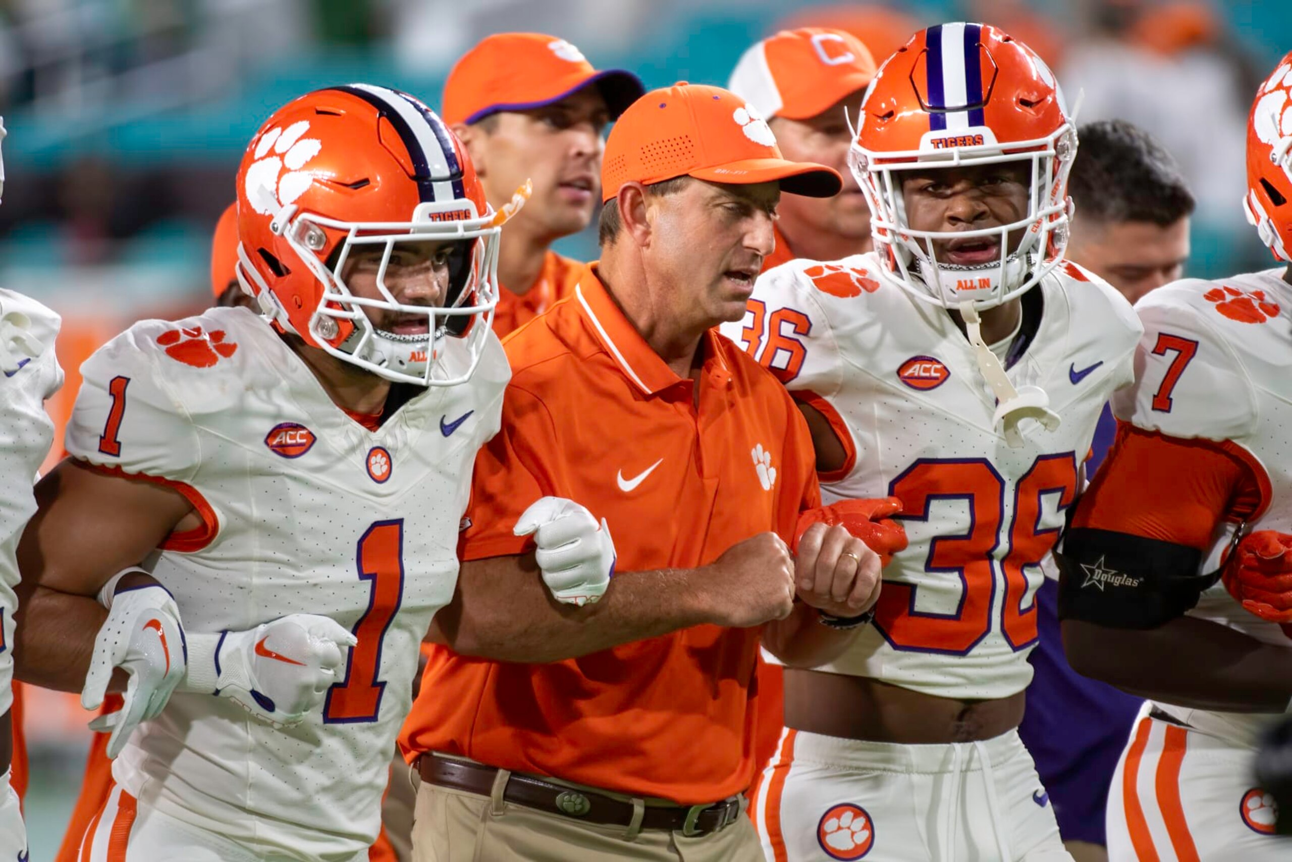 MIAMI GARDENS, FL - OCTOBER 21: Clemson head coach Dabo Swinney does the walk of champions before the college football game between the Clemson Tigers and the University of Miami Hurricanes on October 21, 2023 at the Hard Rock Stadium in Miami Gardens, FL. (Photo by Doug Murray/Icon Sportswire via Getty Images)