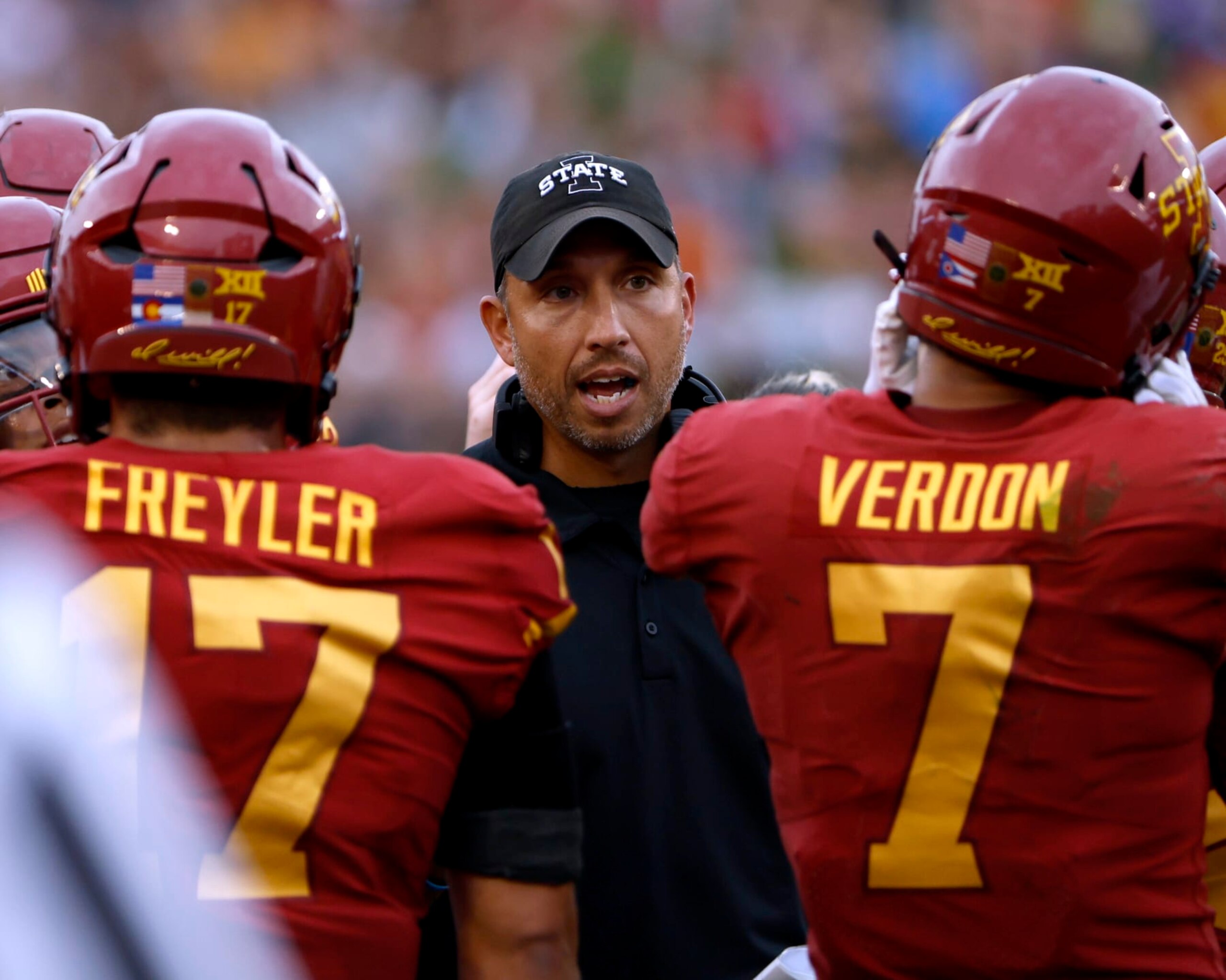 AMES, IA - SEPTEMBER 9: Head coach Matt Campbell of the Iowa State Cyclones coaches defensive back Beau Freyler #17 of the Iowa State Cyclones, and defensive back Malik Verdon #7 of the Iowa State Cyclones during a time out in the second half of play at Jack Trice Stadium on September 9, 2023 in Ames, Iowa. The Iowa Hawkeyes won 20-13 over Iowa State Cyclones. (Photo by David K Purdy/Getty Images)