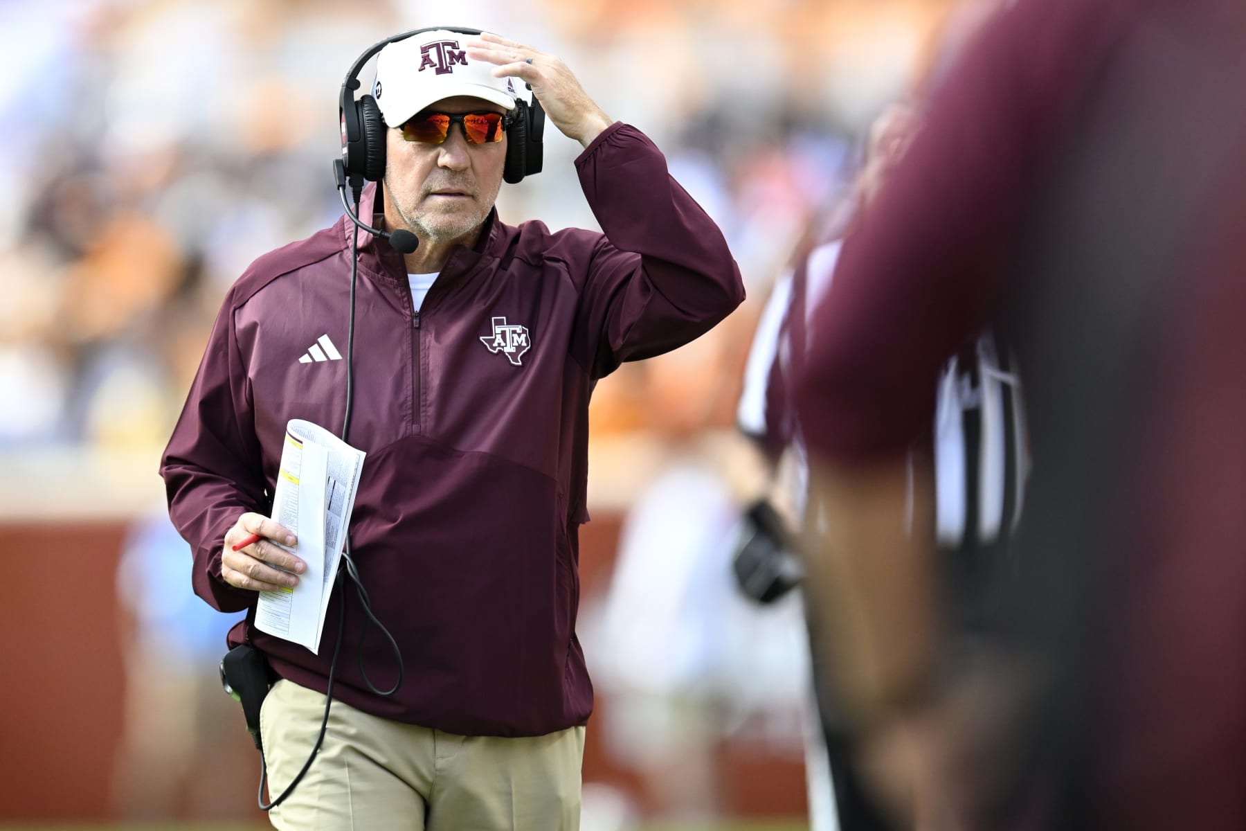 KNOXVILLE, TENNESSEE - OCTOBER 14: Head coach Jimbo Fisher of the Texas A&M Aggies stands on the sidelines against the Tennessee Volunteers in the second quarter at Neyland Stadium on October 14, 2023 in Knoxville, Tennessee. (Photo by Eakin Howard/Getty Images)