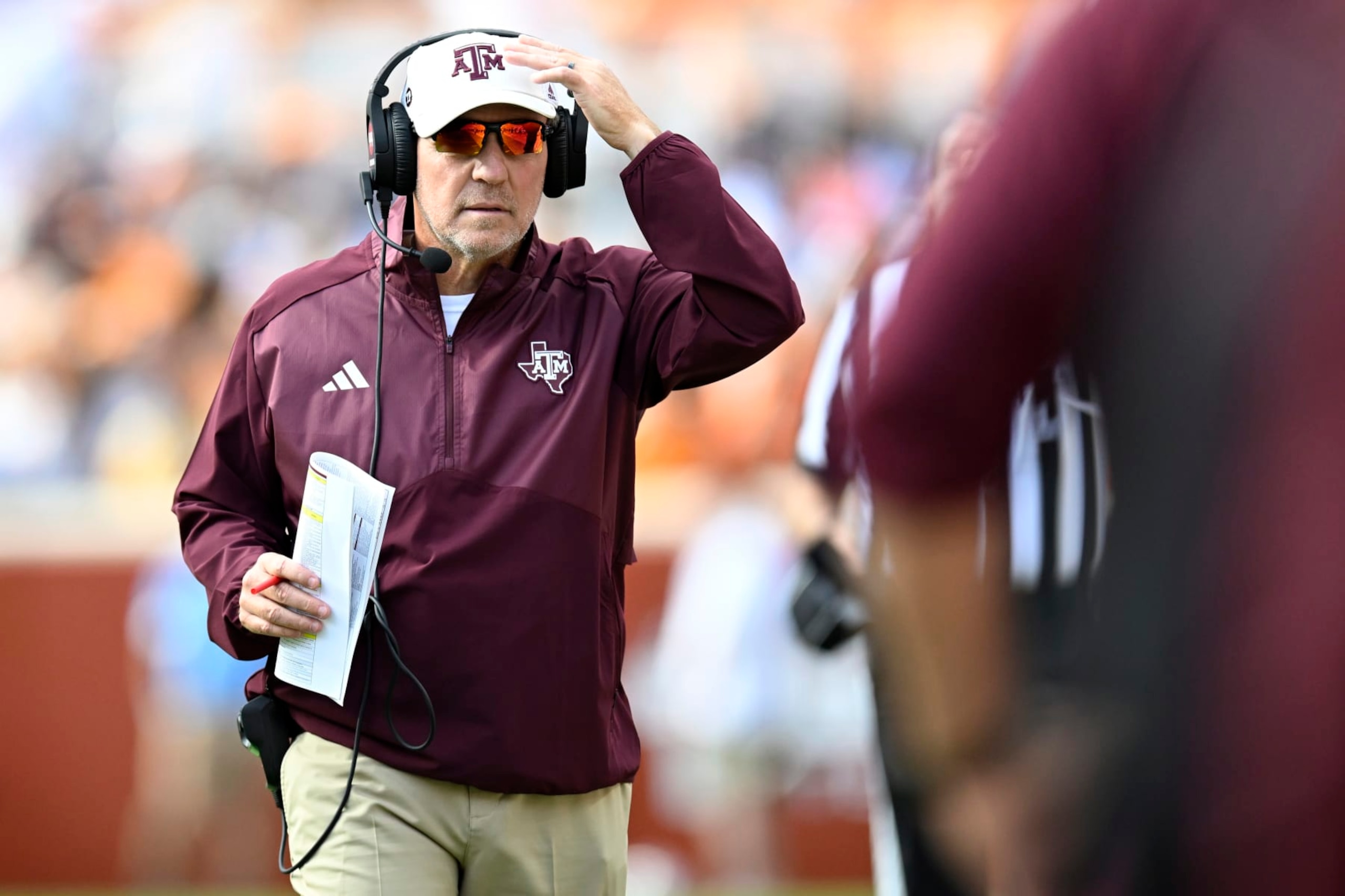 KNOXVILLE, TENNESSEE - OCTOBER 14: Head coach Jimbo Fisher of the Texas A&M Aggies stands on the sidelines against the Tennessee Volunteers in the second quarter at Neyland Stadium on October 14, 2023 in Knoxville, Tennessee. (Photo by Eakin Howard/Getty Images)
