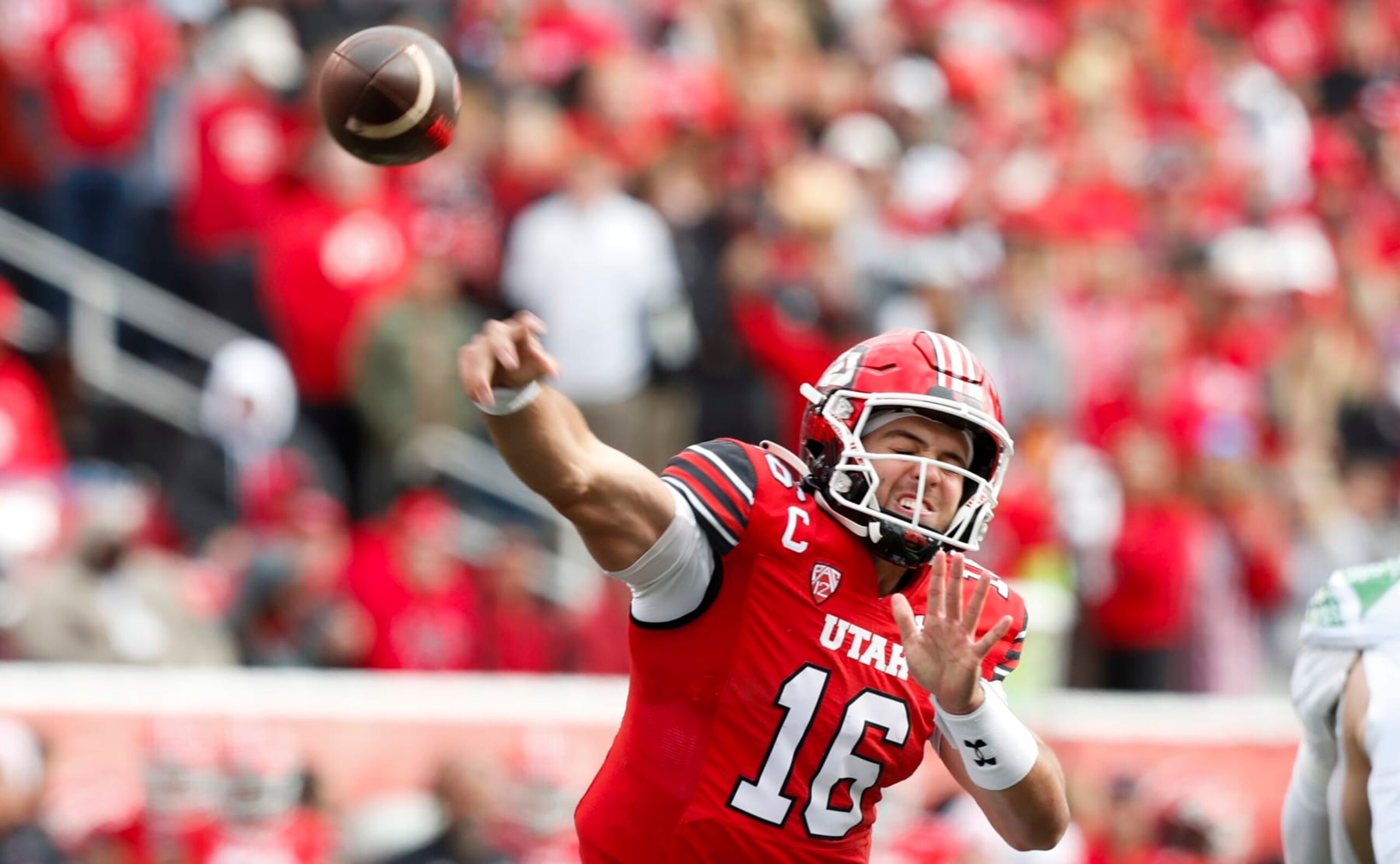 SALT LAKE CITY, UT - OCTOBER 28: Bryson Barnes #16 of the Utah Utes throws a pass against the Oregon Ducks during the first half of their game at Rice Eccles Stadium on October 28, 2023 in Salt Lake City, Utah. (Photo by Chris Gardner/Getty Images)