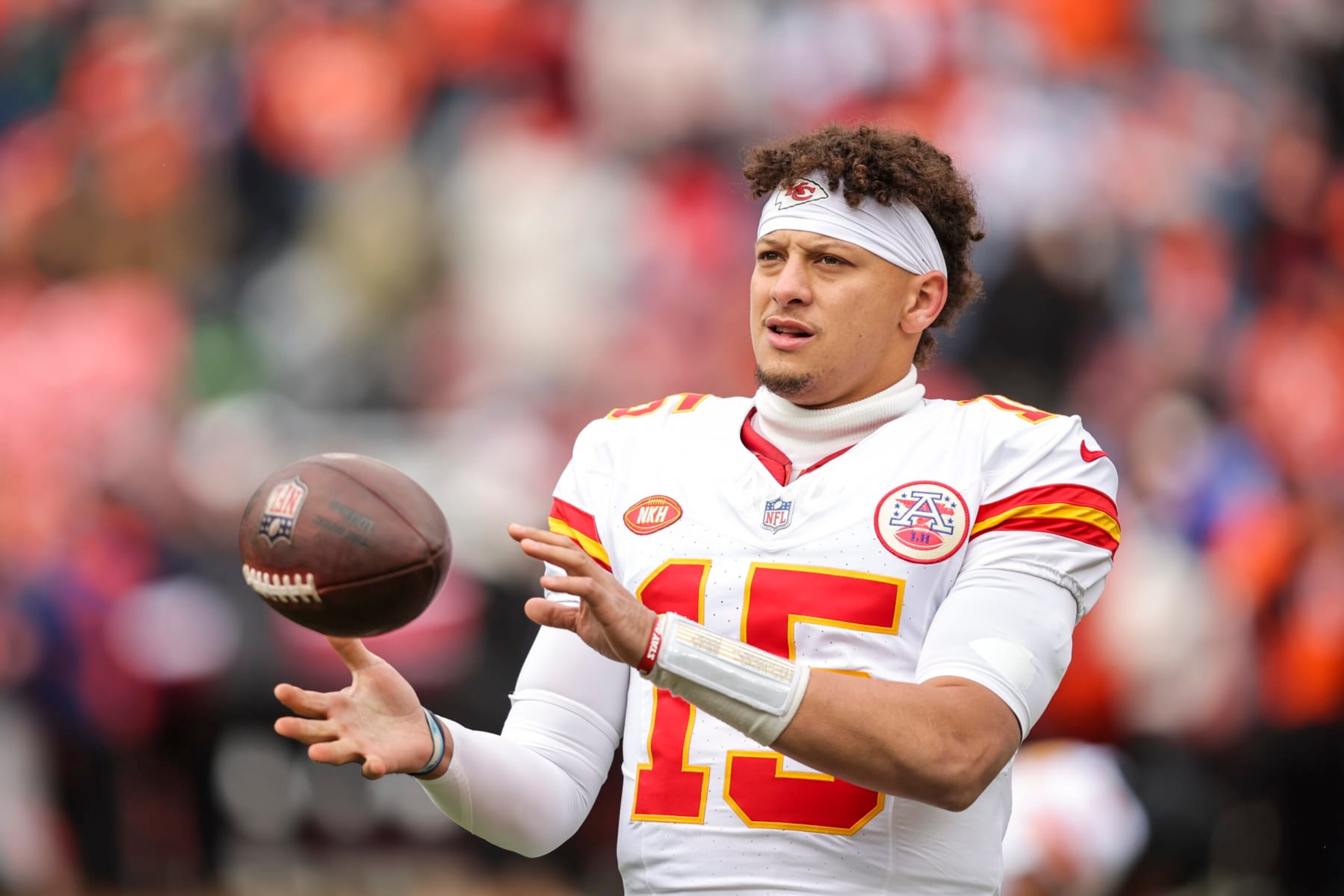 DENVER, COLORADO - OCTOBER 29: Patrick Mahomes #15 of the Kansas City Chiefs warms up prior to an NFL football game between the Denver Broncos and the Kansas City Chiefs at Empower Field At Mile High on October 29, 2023 in Denver, Colorado. (Photo by Michael Owens/Getty Images)