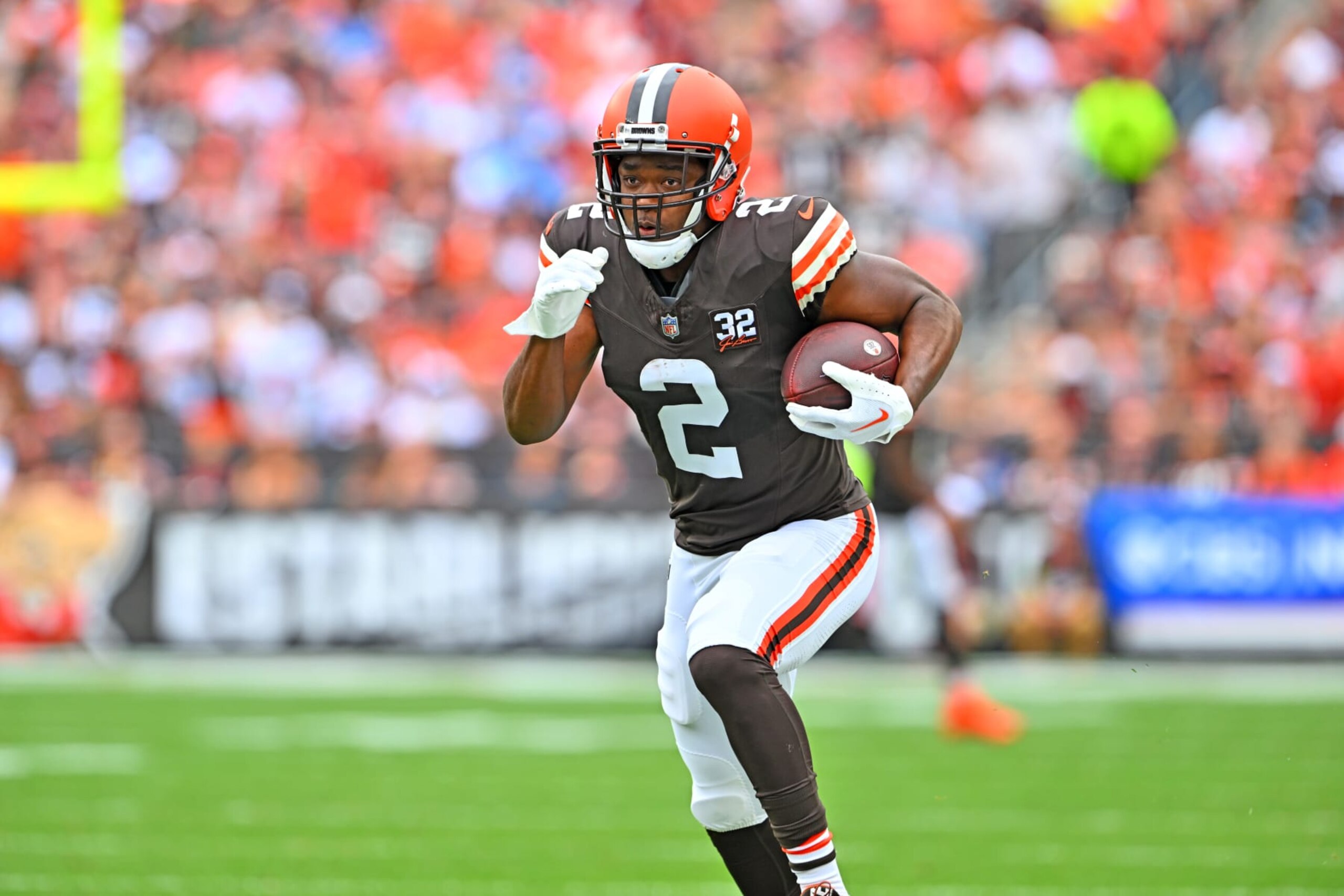 CLEVELAND, OHIO - SEPTEMBER 24: Wide receiver Amari Cooper #2 of the Cleveland Browns runs after a reception during the second quarter against the Tennessee Titans at Cleveland Browns Stadium on September 24, 2023 in Cleveland, Ohio. The Browns defeated the Titans 27-3. (Photo by Jason Miller/Getty Images) CLEVELAND, OHIO - SEPTEMBER 24: Wide receiver Amari Cooper #2 of the Cleveland Browns runs after a reception during the second quarter against the Tennessee Titans at Cleveland Browns Stadium on September 24, 2023 in Cleveland, Ohio. The Browns defeated the Titans 27-3. (Photo by Jason Miller/Getty Images)
