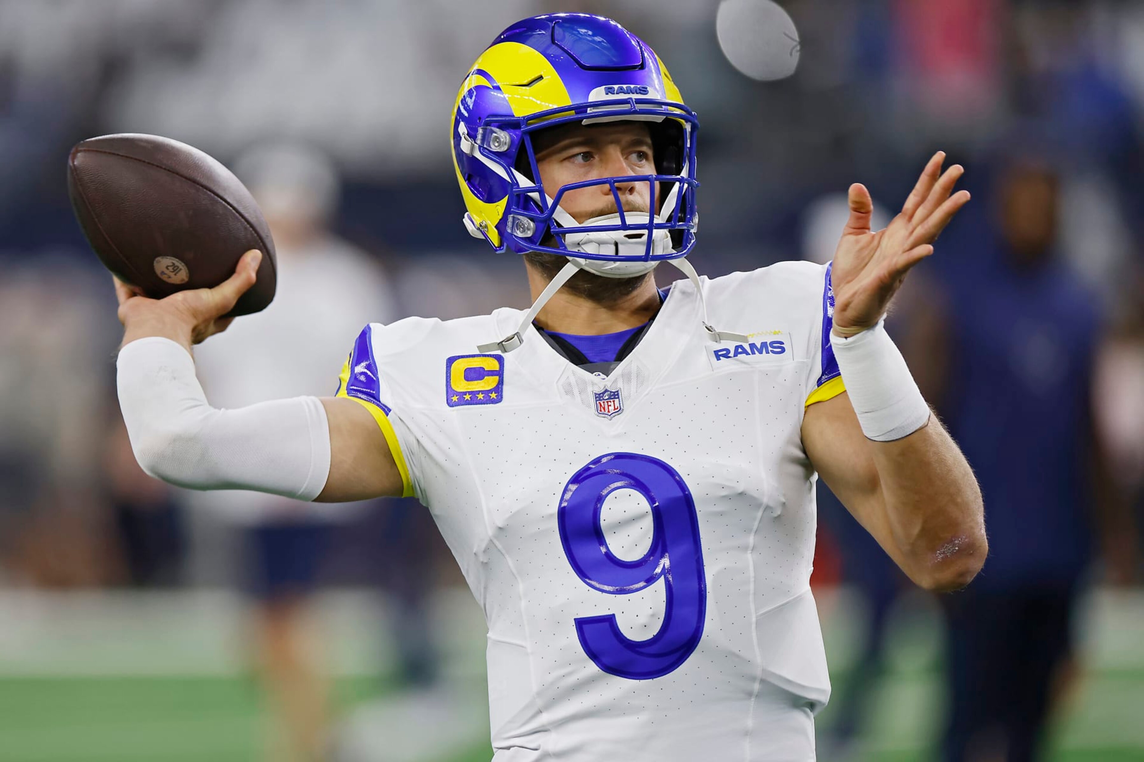 ARLINGTON, TEXAS - OCTOBER 29: Matthew Stafford #9 of the Los Angeles Rams warms up prior to a game against the Dallas Cowboys at AT&T Stadium on October 29, 2023 in Arlington, Texas. (Photo by Ron Jenkins/Getty Images)