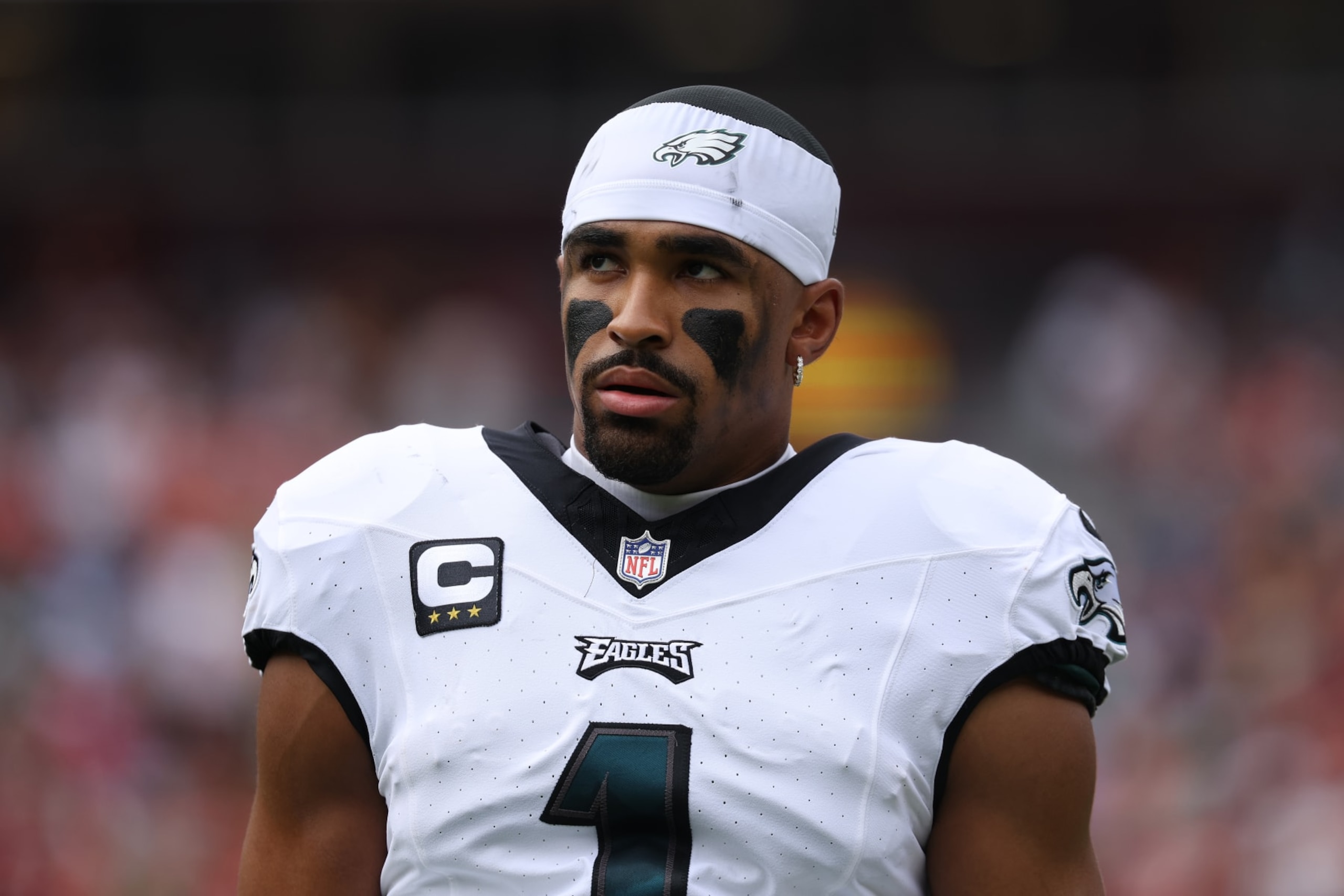 LANDOVER, MARYLAND - OCTOBER 29: Quarterback Jalen Hurts #1 of the Philadelphia Eagles looks on against the Washington Commanders at FedExField on October 29, 2023 in Landover, Maryland. (Photo by Patrick Smith/Getty Images) LANDOVER, MARYLAND - OCTOBER 29: Quarterback Jalen Hurts #1 of the Philadelphia Eagles looks on against the Washington Commanders at FedExField on October 29, 2023 in Landover, Maryland. (Photo by Patrick Smith/Getty Images)