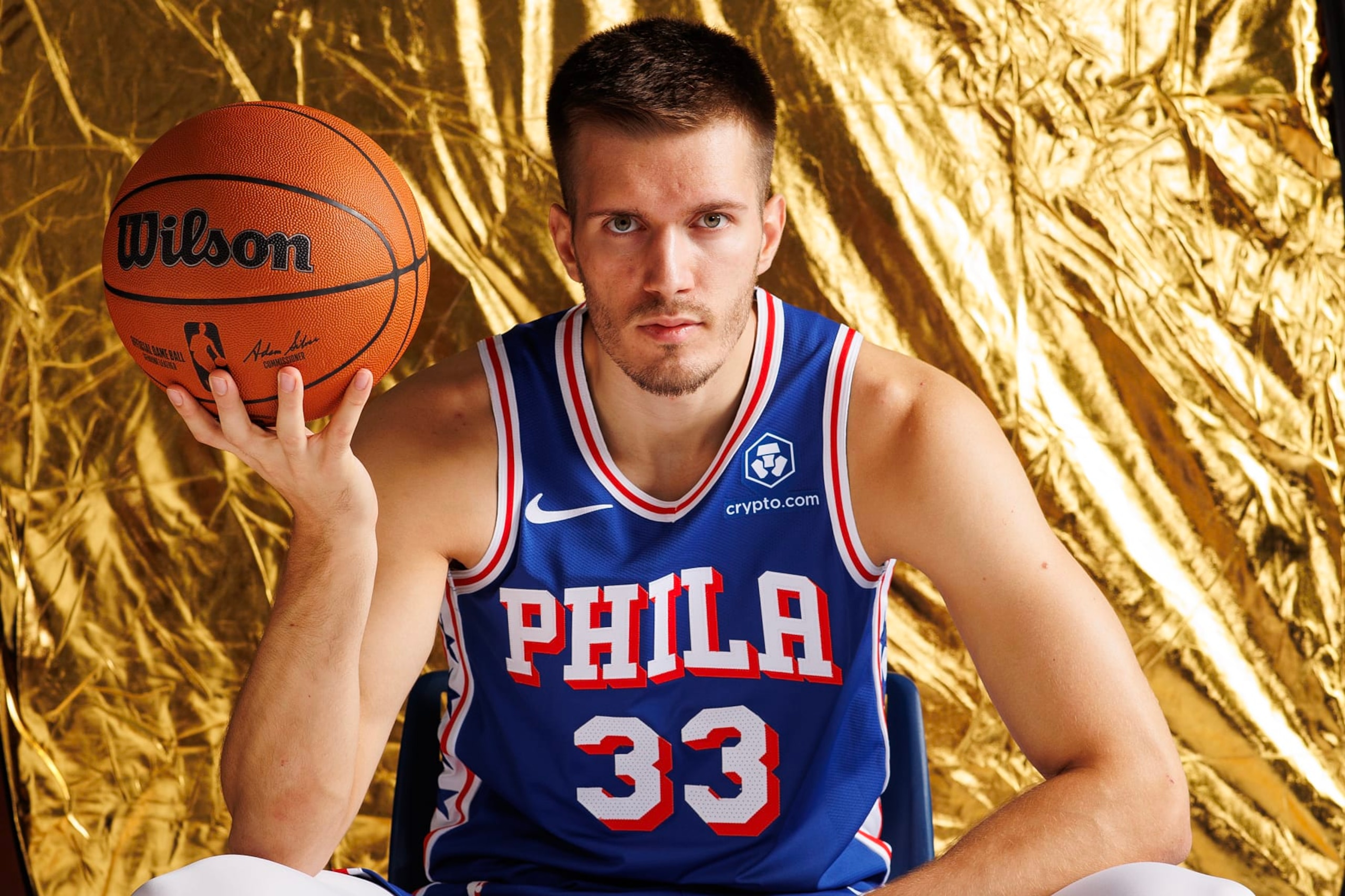 CAMDEN, NEW JERSEY - OCTOBER 02: Filip Petrusev #33 of the Philadelphia 76ers poses for a portrait during Philadelphia 76ers media day at 76ers Training Complex on October 02, 2023 in Camden, New Jersey. (Photo by Tim Nwachukwu/Getty Images)